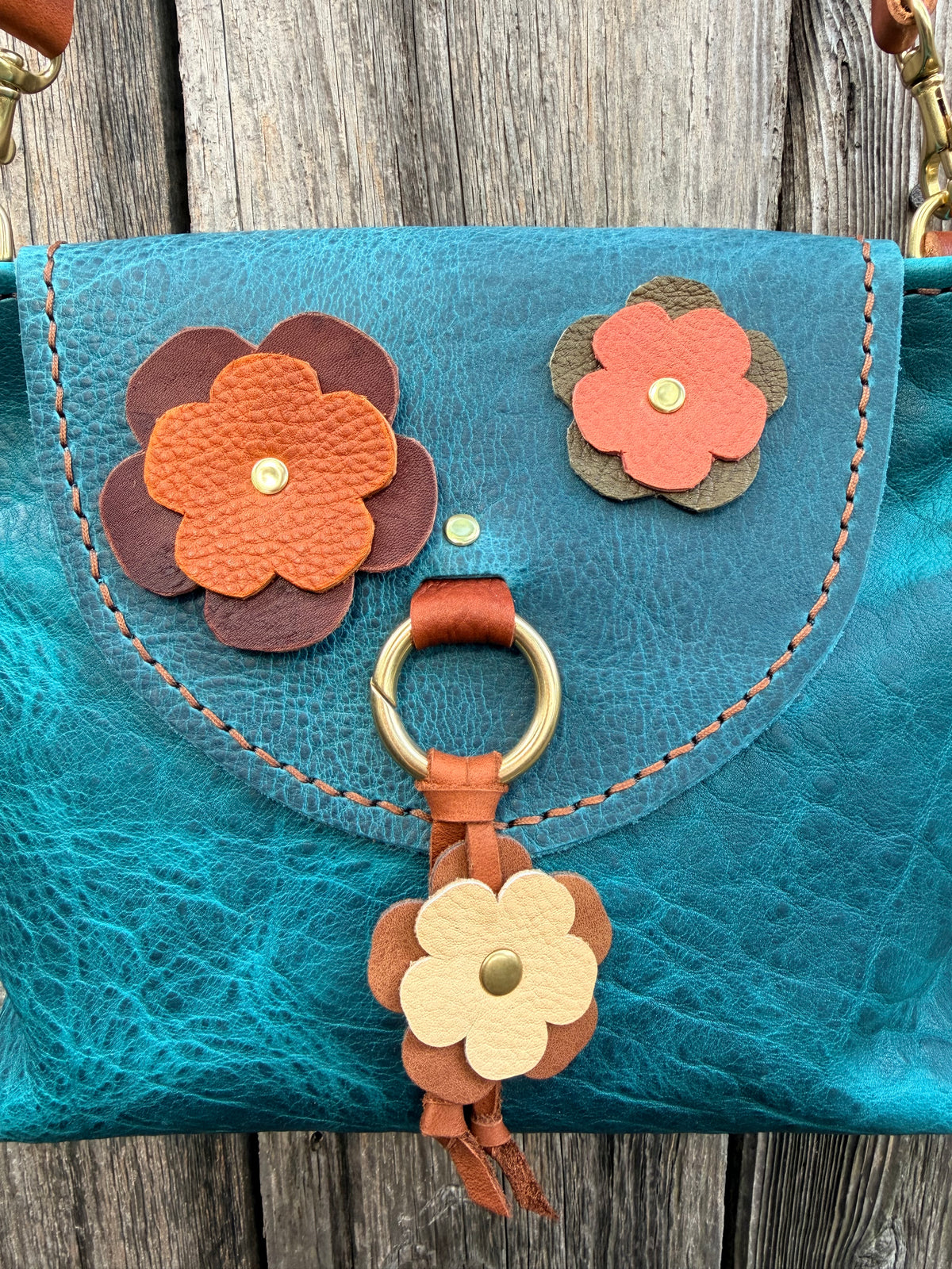 Bubby Bag in Premium Blue Bison with Whimsical Leather Flowers