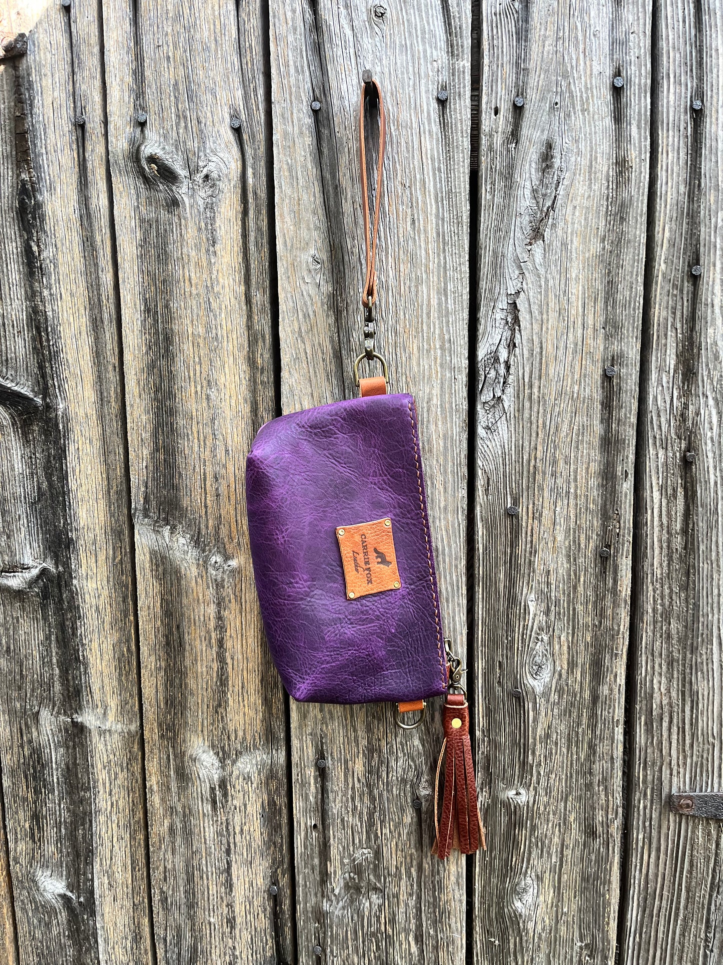 Pipsqueak Wristlet/Crossbody in Grape Escape Bison with English Tan Leather Accents