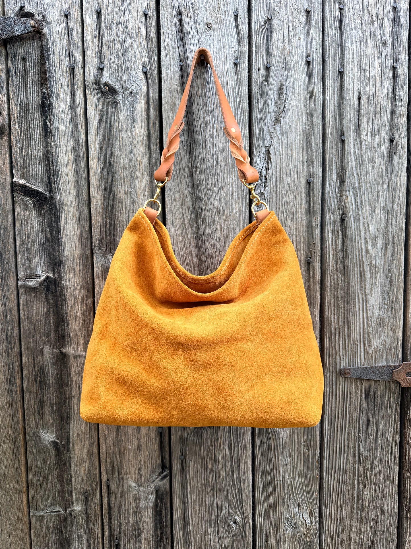 Rodeo Large Bucket in Cider Suede with Horween Nutmeg Braided Strap