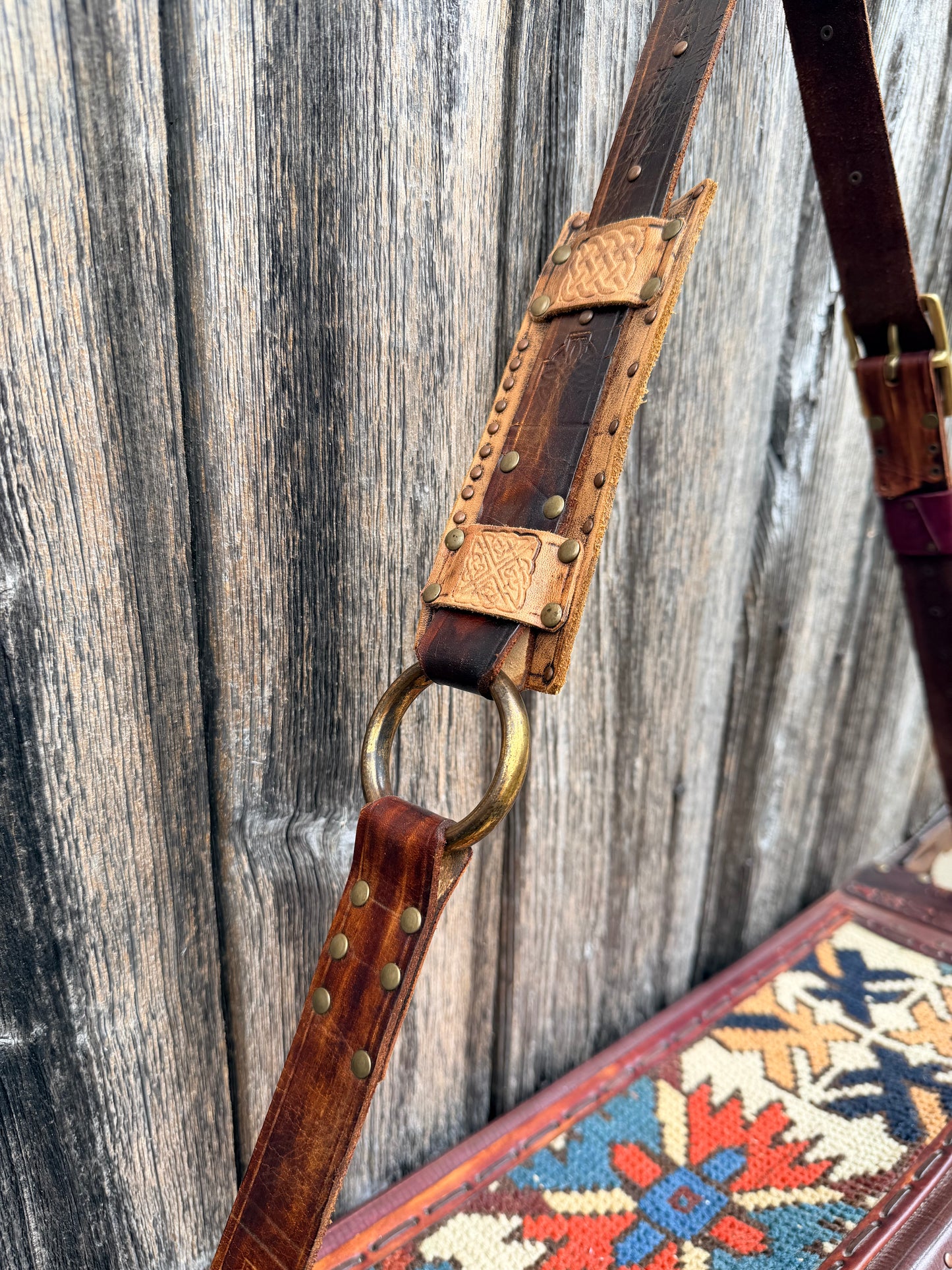 Carpet Bag Tote with Antique Rug & Veg Tanned Leather // Handmade in Wales, UK