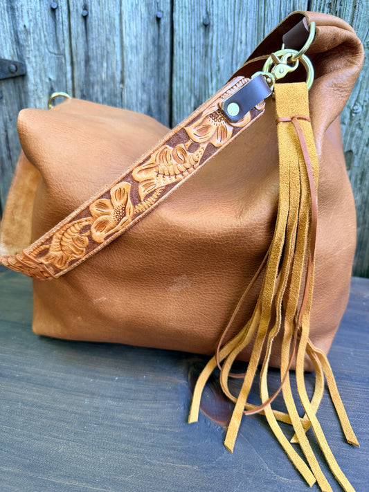 Barcelona Soft Bucket in Paddy Cake Tan Leather with Cider Suede Tassel