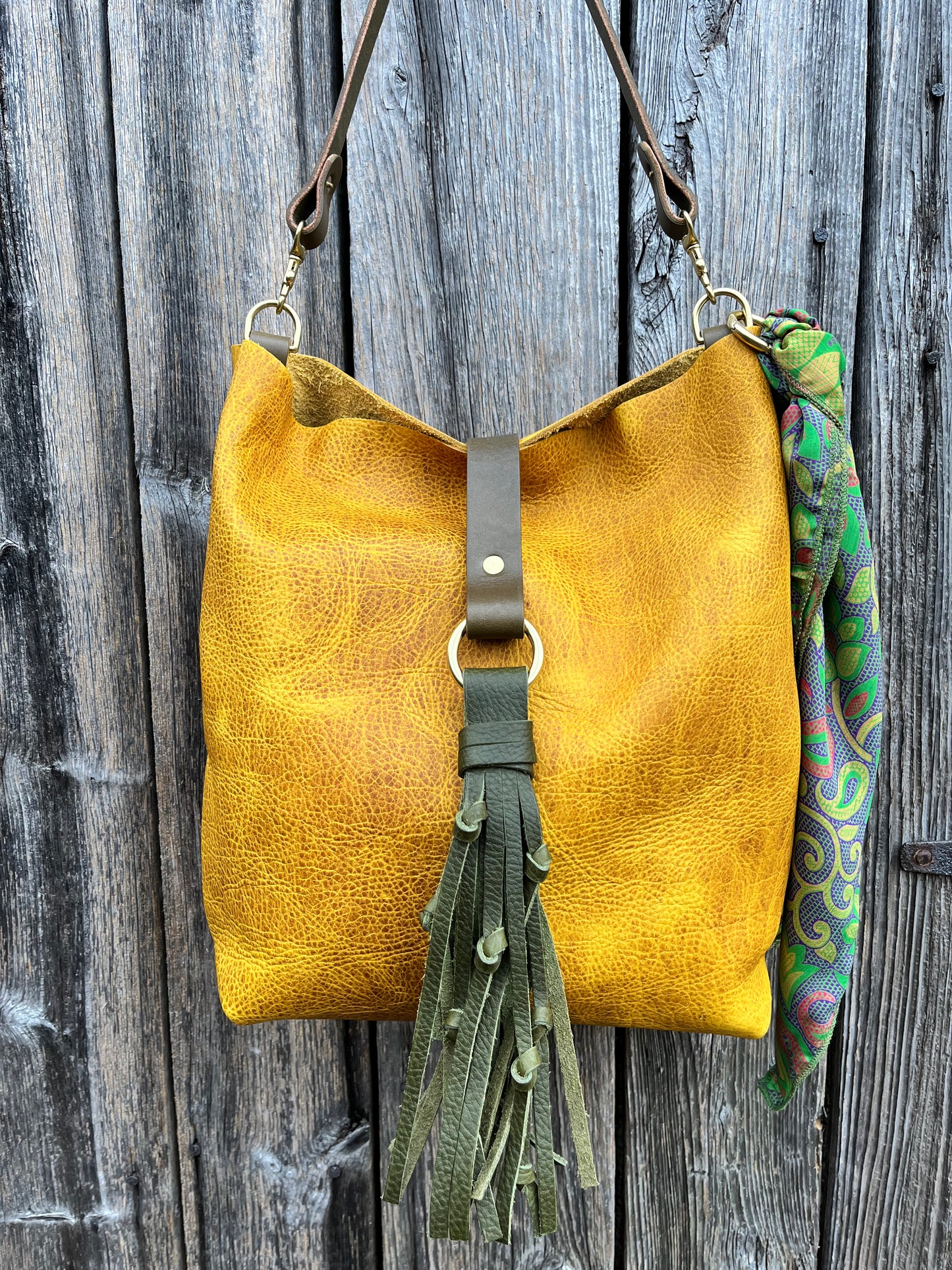 Barcelona Bucket in Golden Mustard Bison with Throwover Tassel & Silk Scarf Accessory