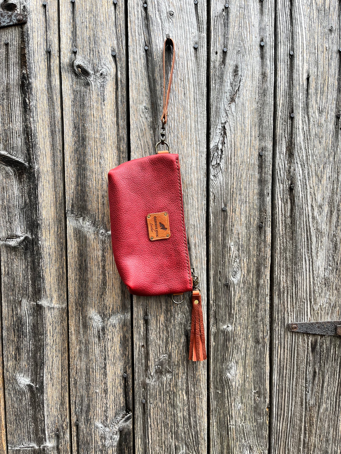 Pip Wristlet in Cherry Bison with English Tan Leather Accents