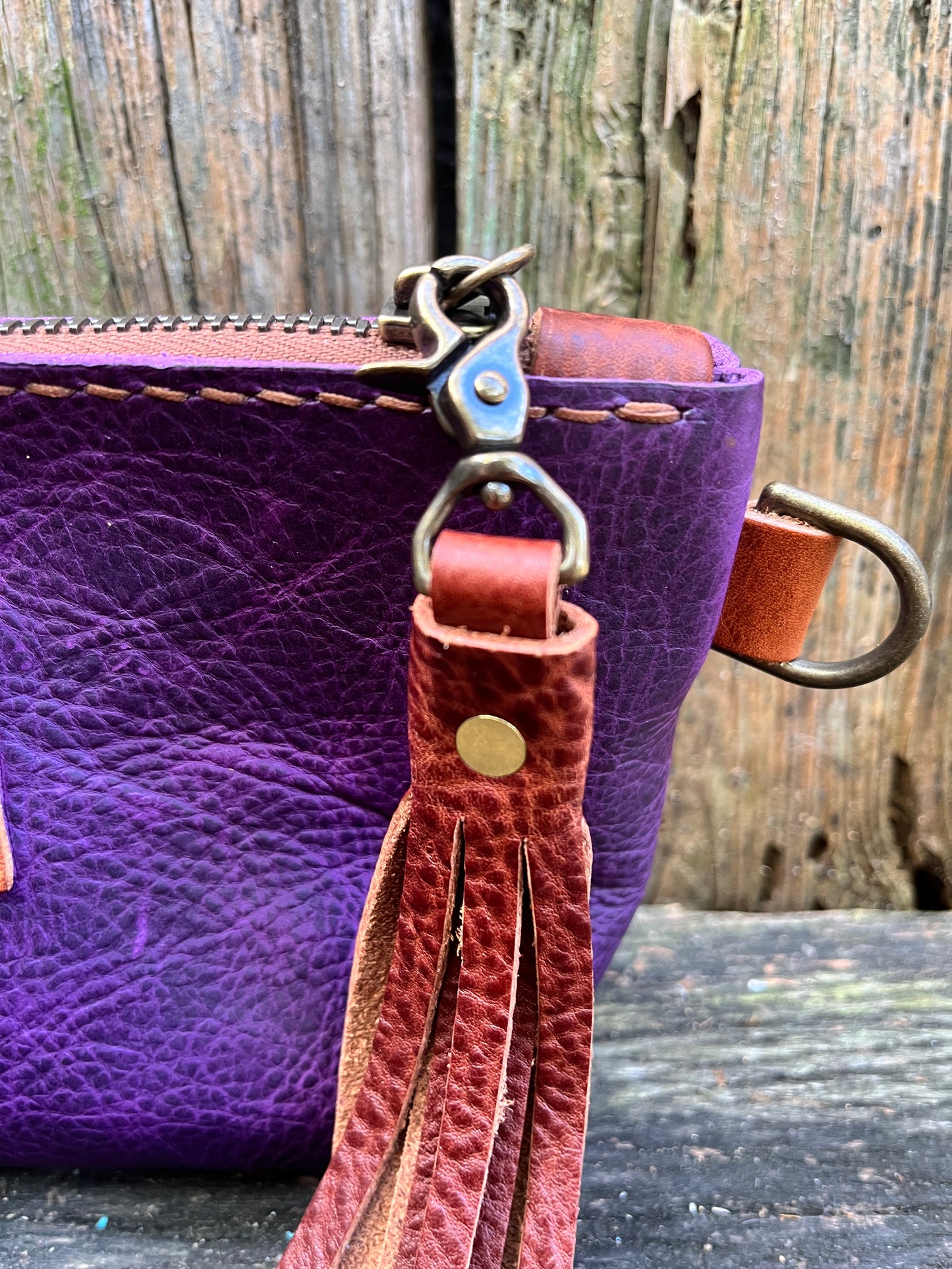 Pipsqueak Wristlet/Crossbody in Grape Escape Bison with English Tan Leather Accents