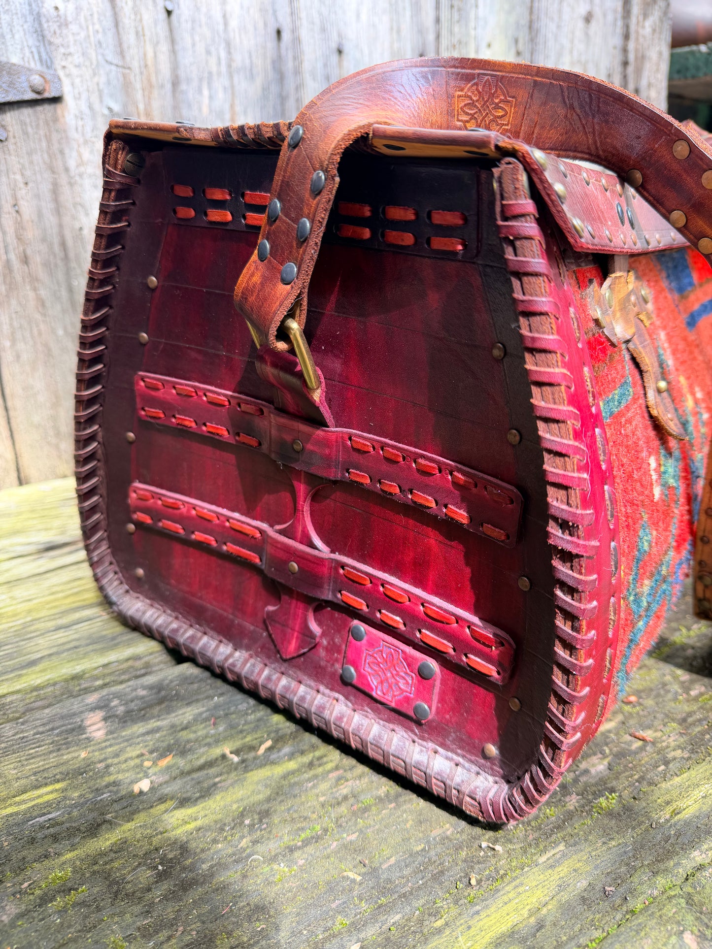Carpet Bag Tote with Antique Rug & Veg Tanned Leather // Handmade in Wales, UK