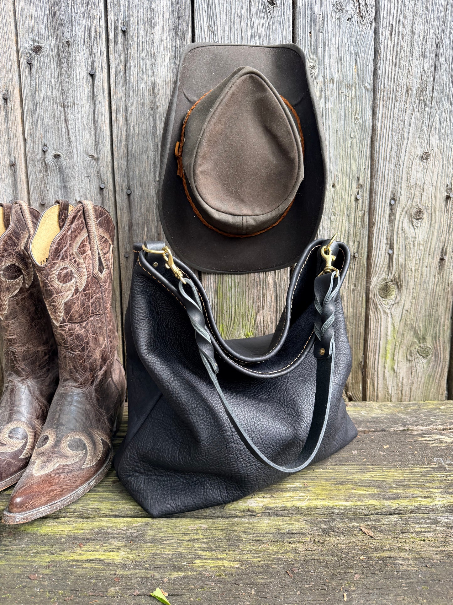 Rodeo Large Bucket in Soft Black Bison with Braided Horween Strap