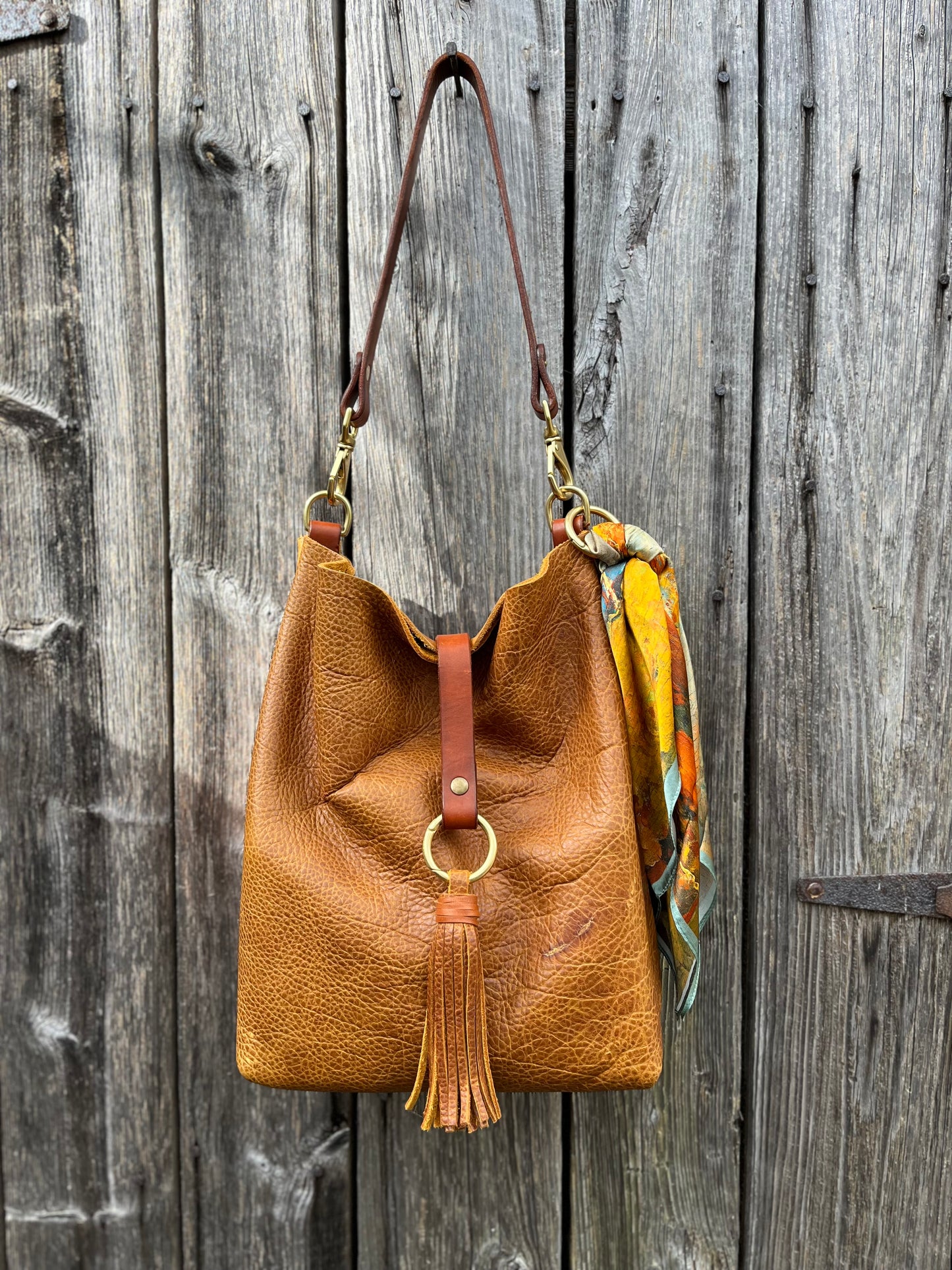 Barcelona Bucket in Distressed Peanut Bison with Throwover Tassel & Silk Scarf Accessory