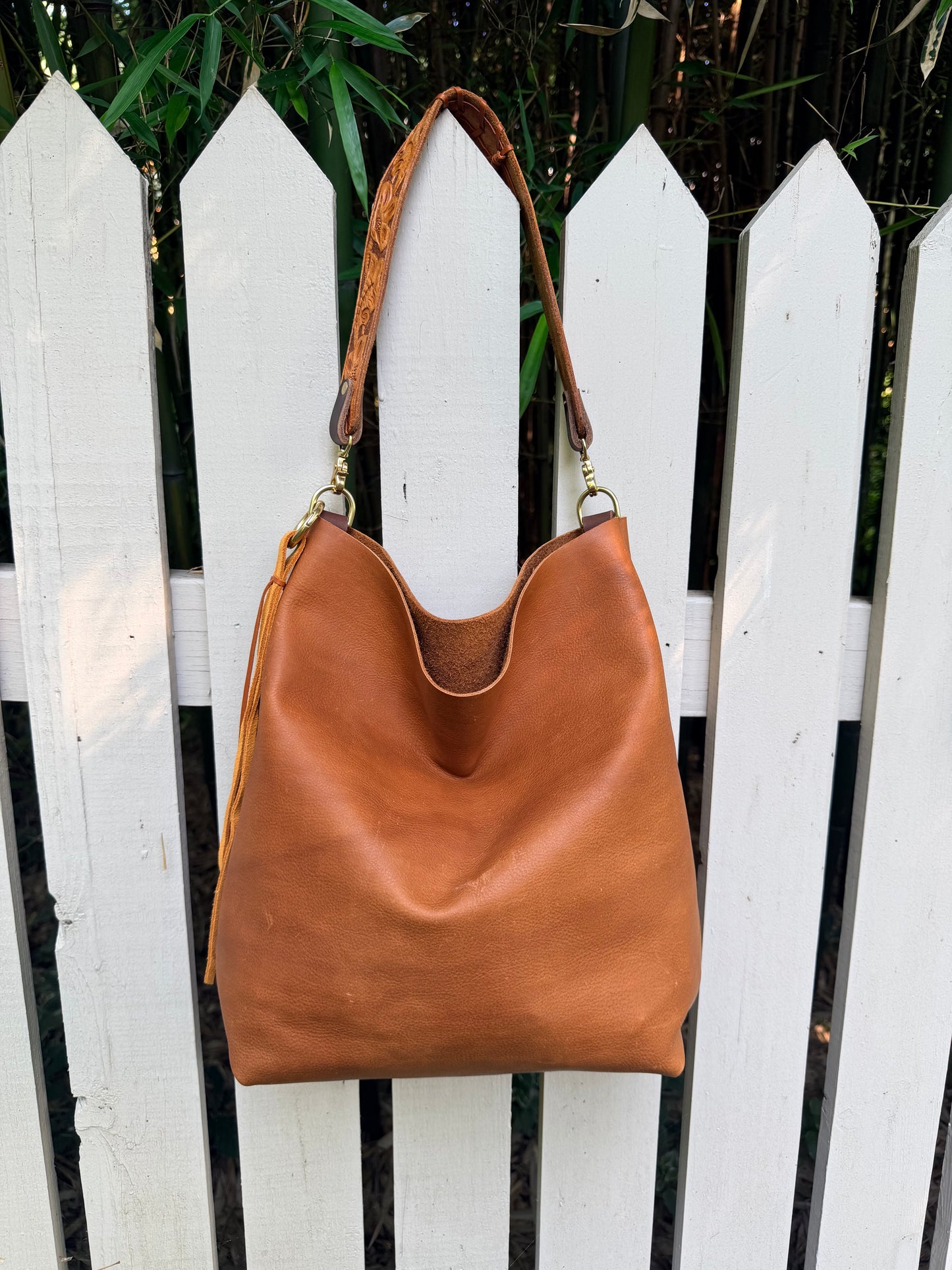 Barcelona Soft Bucket in Paddy Cake Tan Leather with Cider Suede Tassel