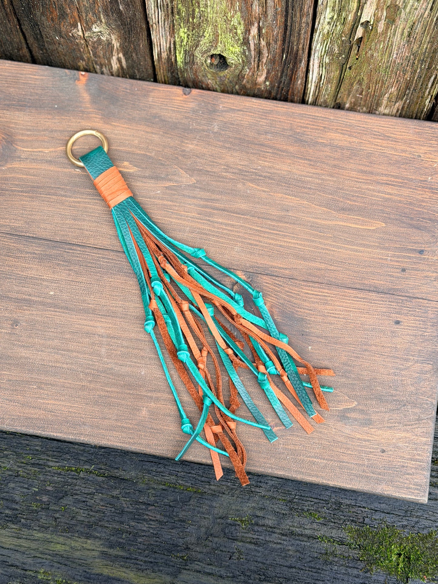 Knotted Leather Tassel in Emerald & Brandy 15”