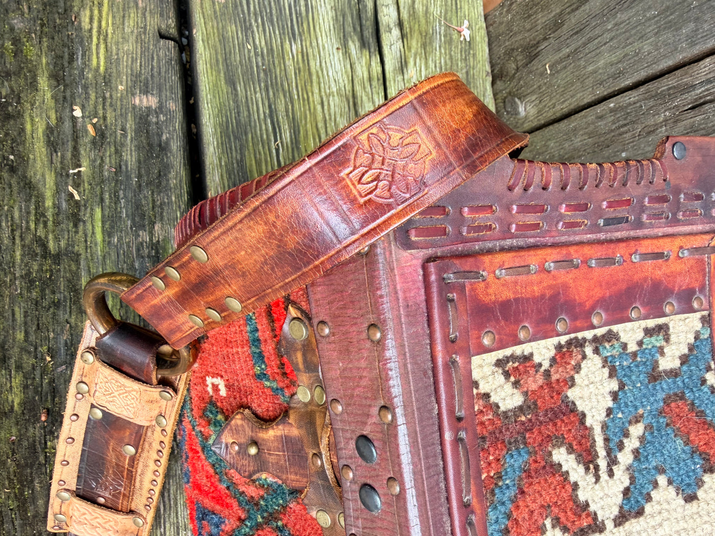 Carpet Bag Tote with Antique Rug & Veg Tanned Leather // Handmade in Wales, UK