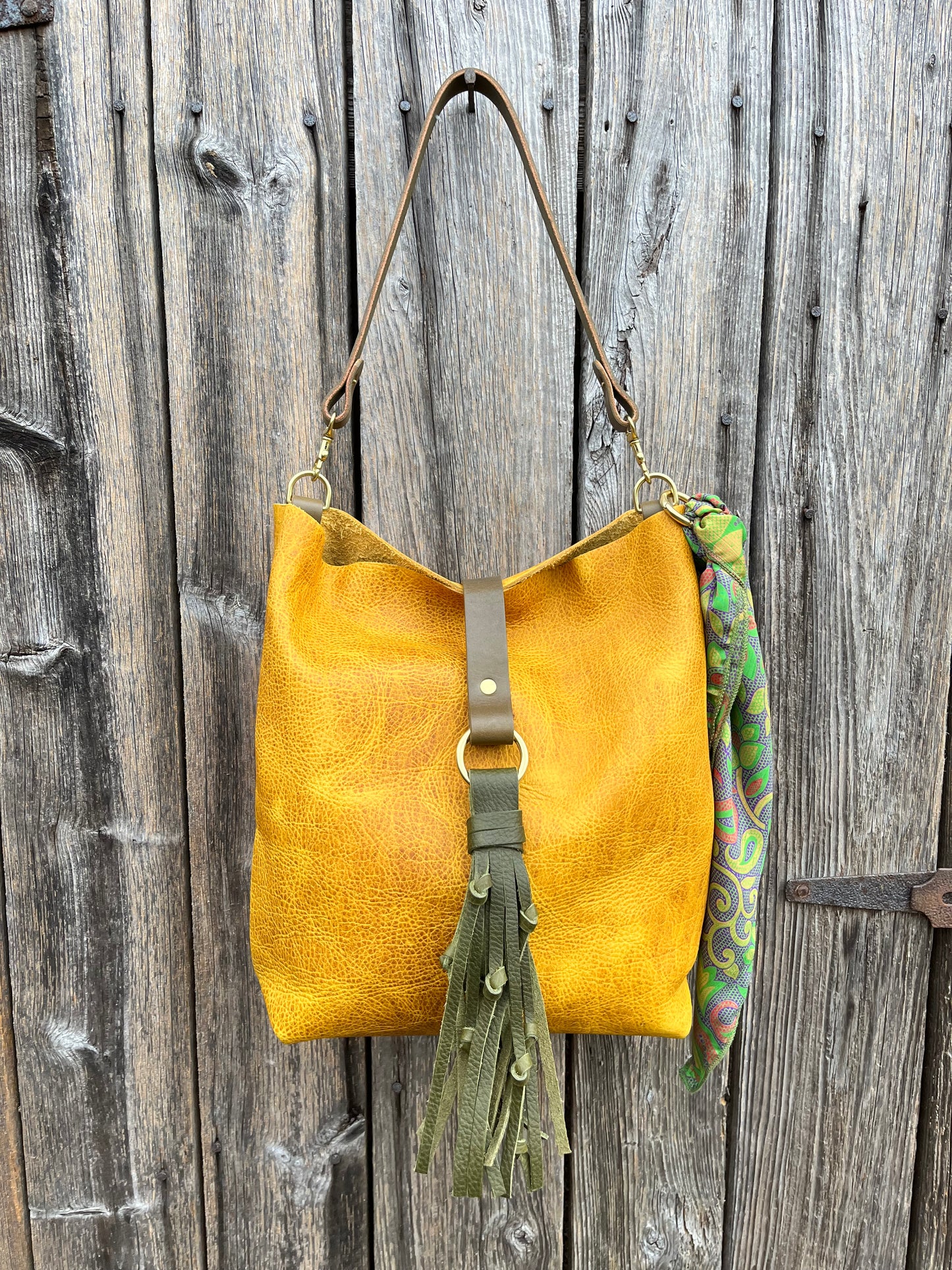 Barcelona Bucket in Golden Mustard Bison with Throwover Tassel & Silk Scarf Accessory