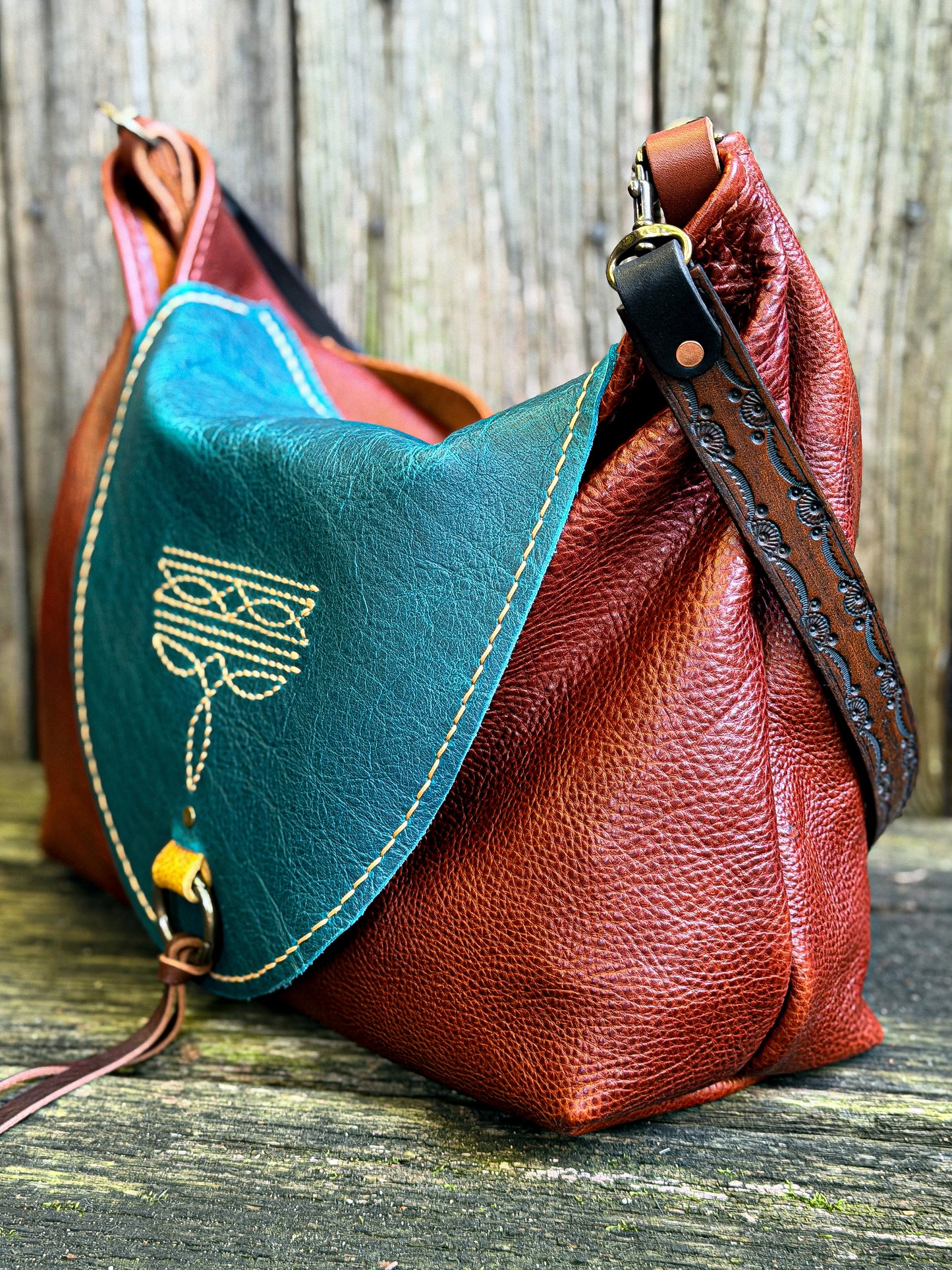 Remi Shoulder Bag with Tassel Flap in Mixed Leather with Horween Hand-tooled Strap