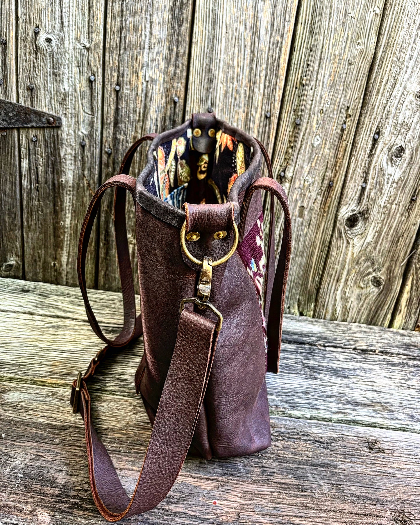 Premium Oil Tanned Leather Tote with Vintage English Needlepoint