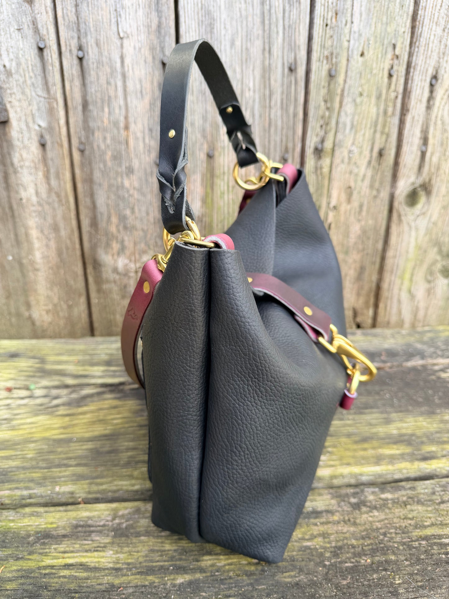 SoHo Handbag in Horween Black Leather with Deep Plum Accents - CUSTOM for Vanessa