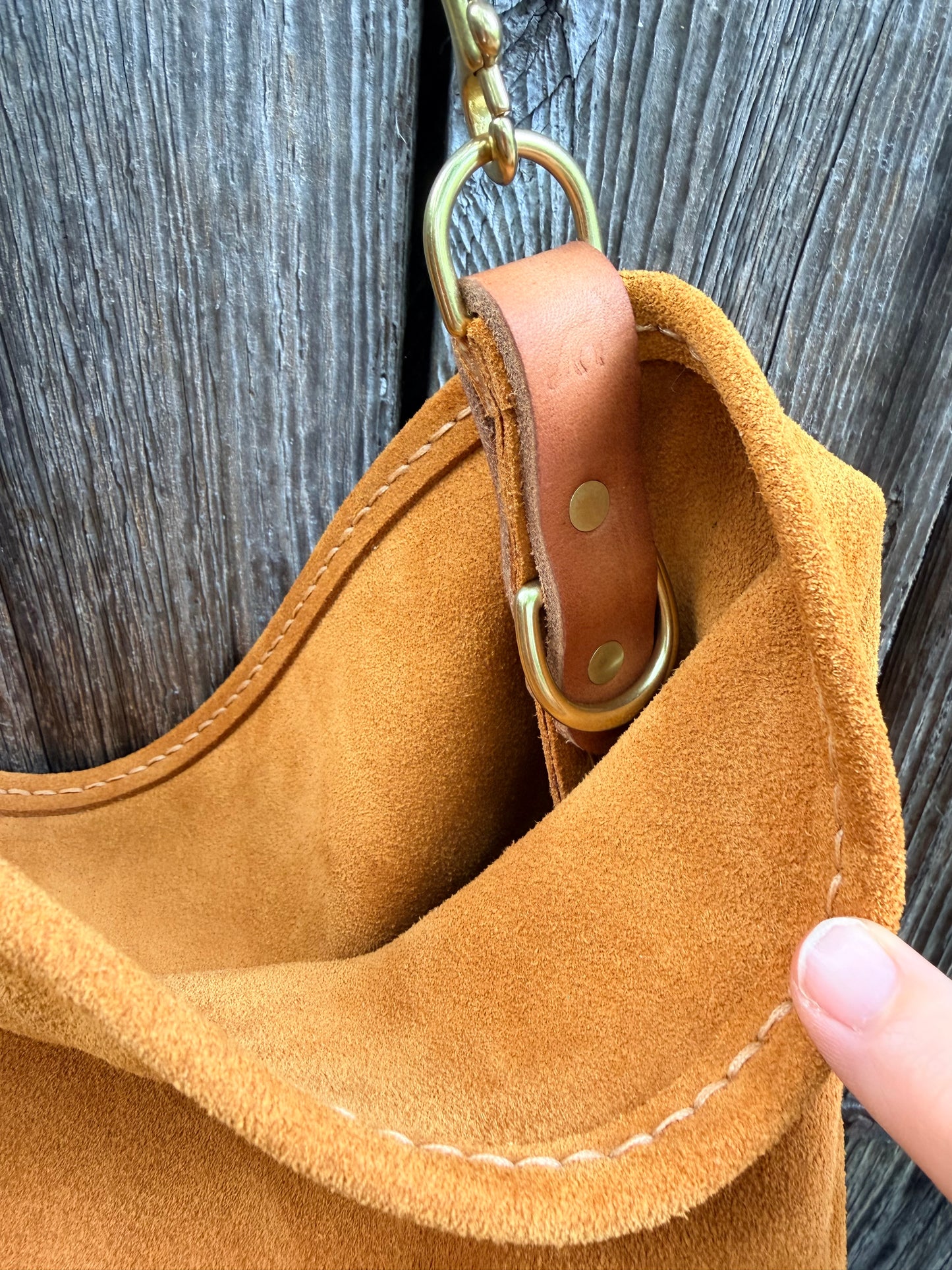 Rodeo Large Bucket in Cider Suede with Horween Nutmeg Braided Strap