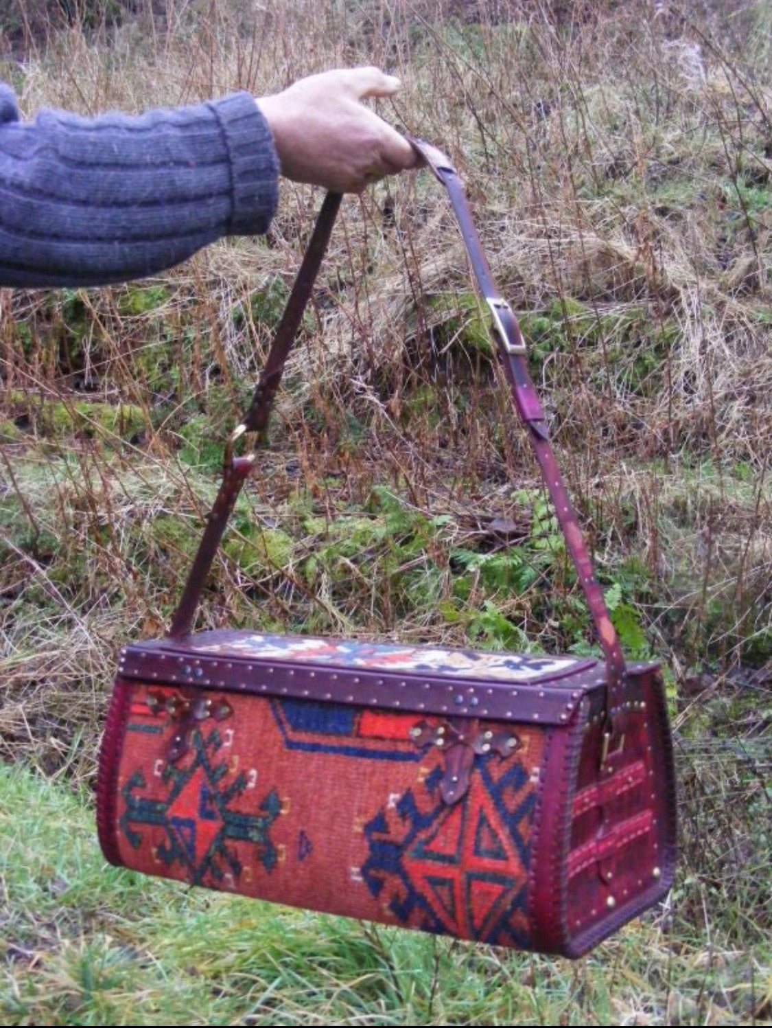 Carpet Bag Tote with Antique Rug & Veg Tanned Leather // Handmade in Wales, UK