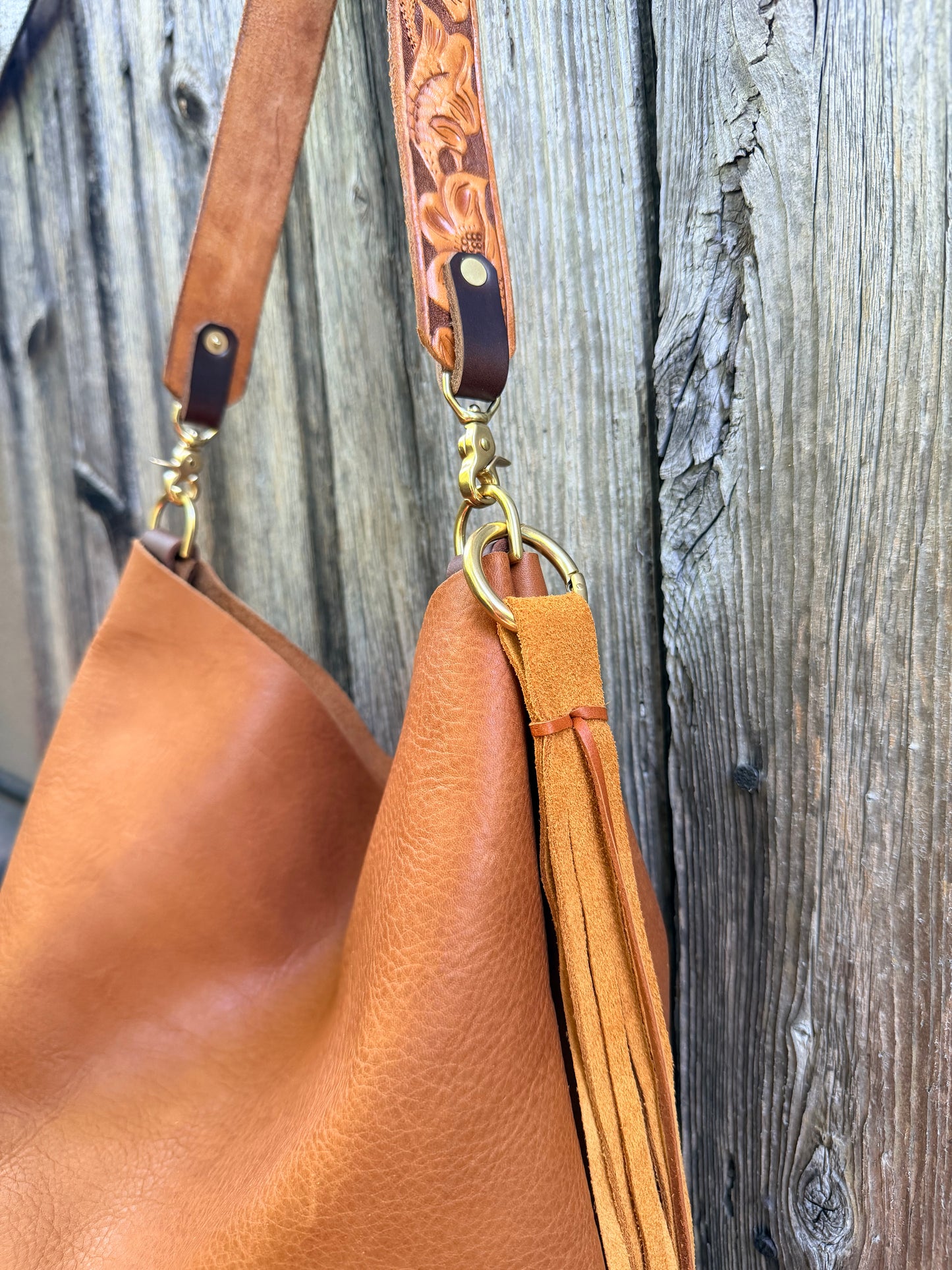 Barcelona Soft Bucket in Paddy Cake Tan Leather with Cider Suede Tassel