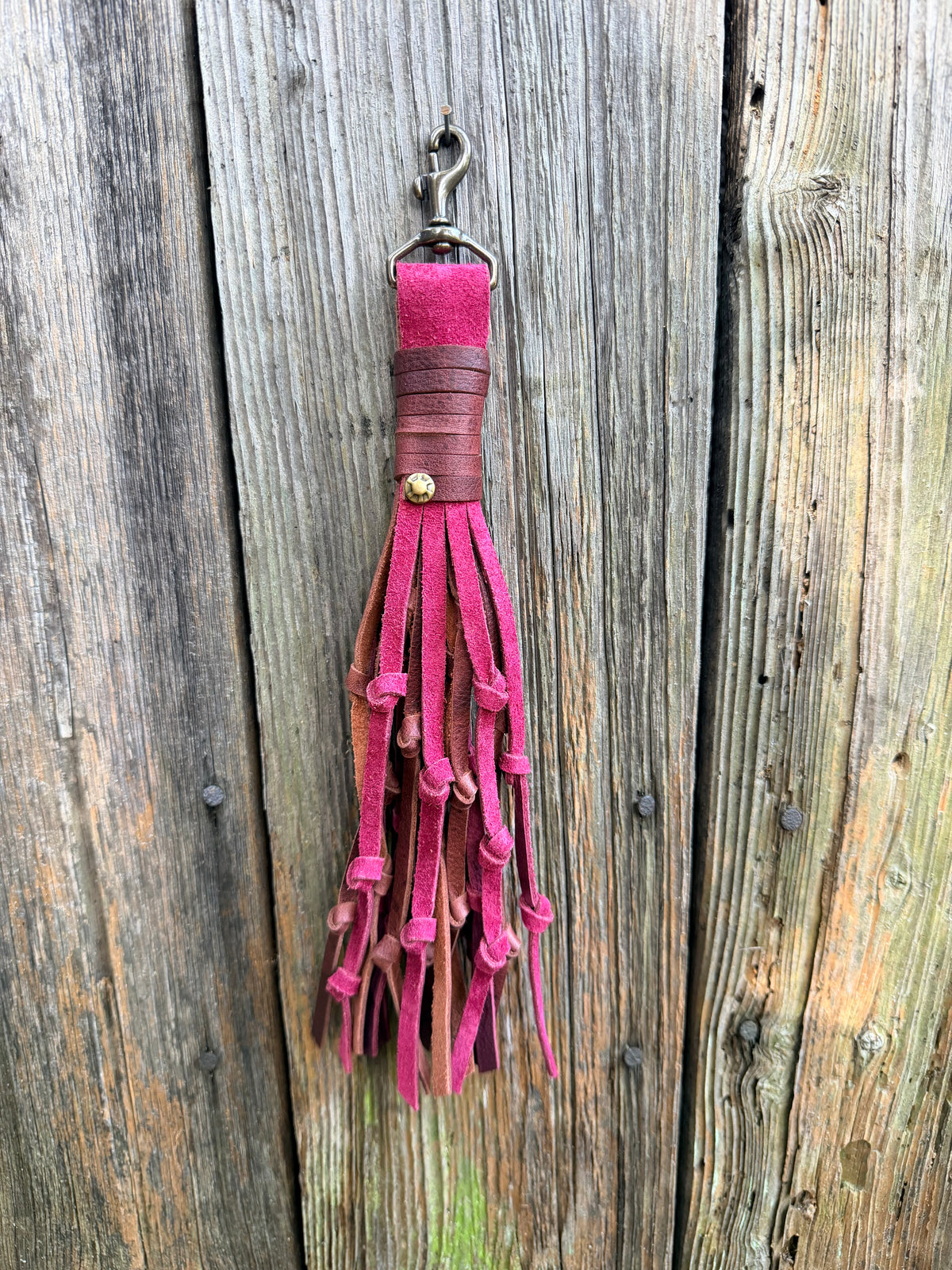 Knotted Leather Tassel in Cranberry & Whiskey 12”