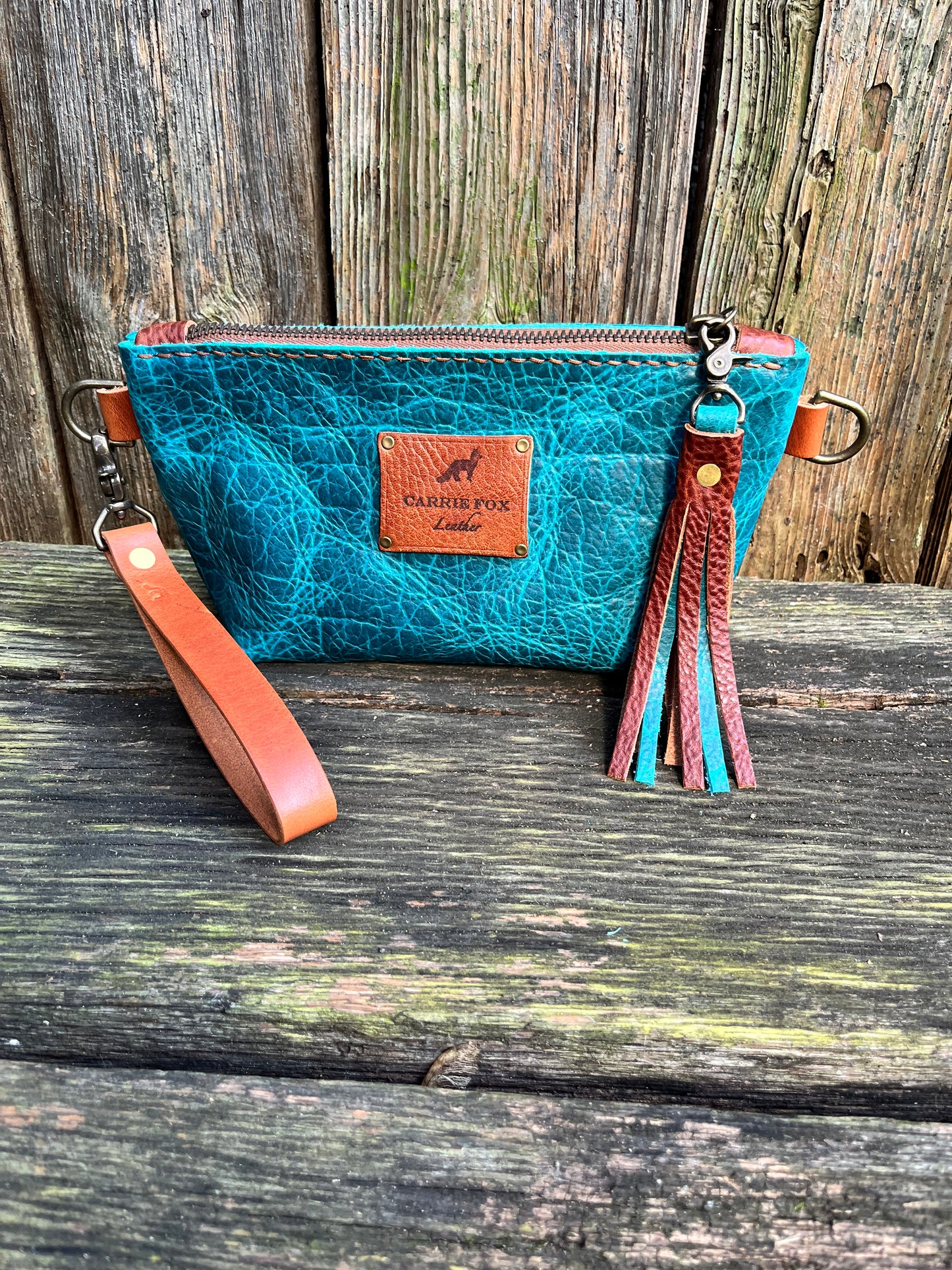 Pipsqueak Wristlet/Crossbody in Blue Bison with English Tan Leather Accents