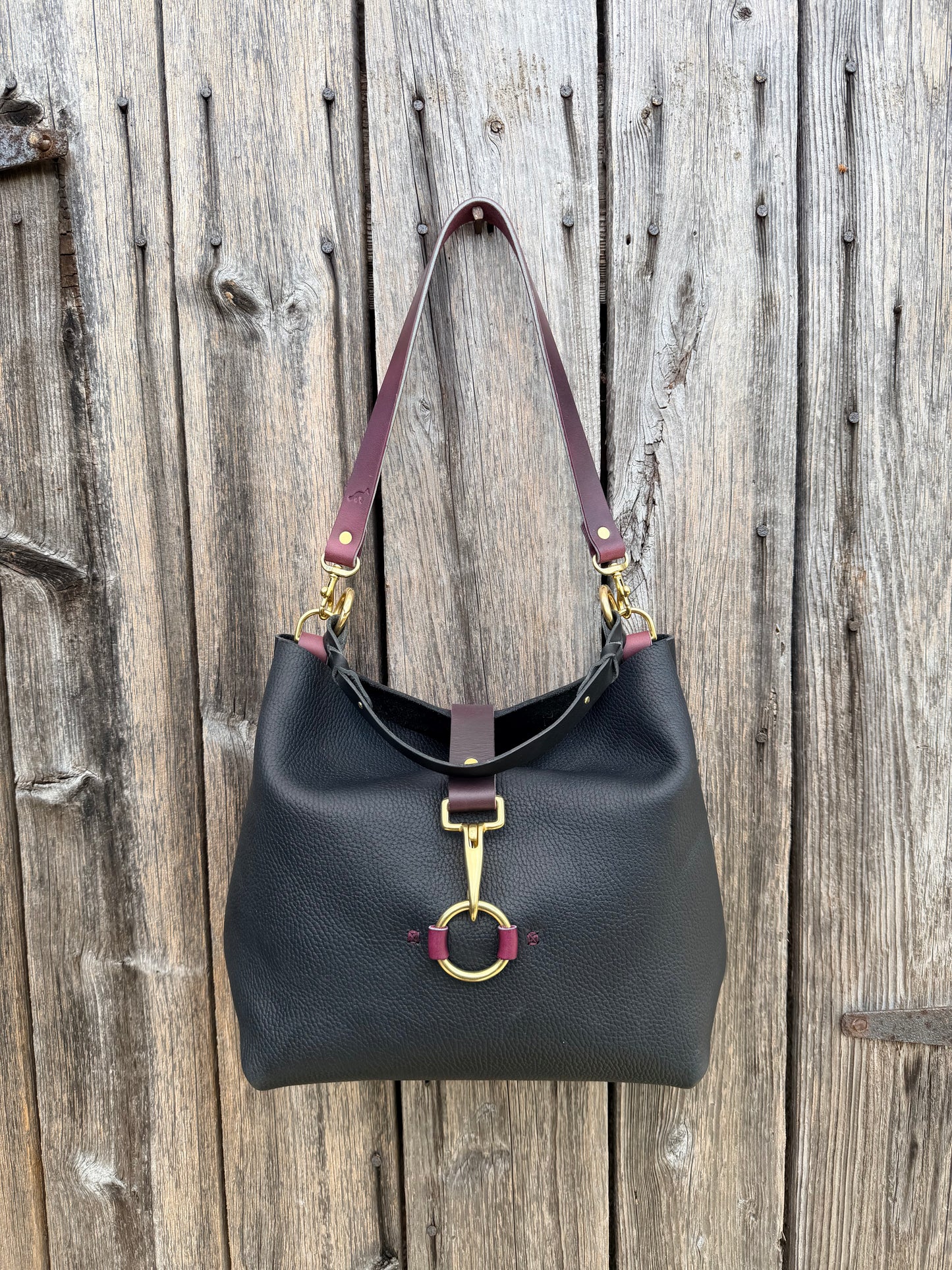 SoHo Handbag in Horween Black Leather with Deep Plum Accents - CUSTOM for Vanessa
