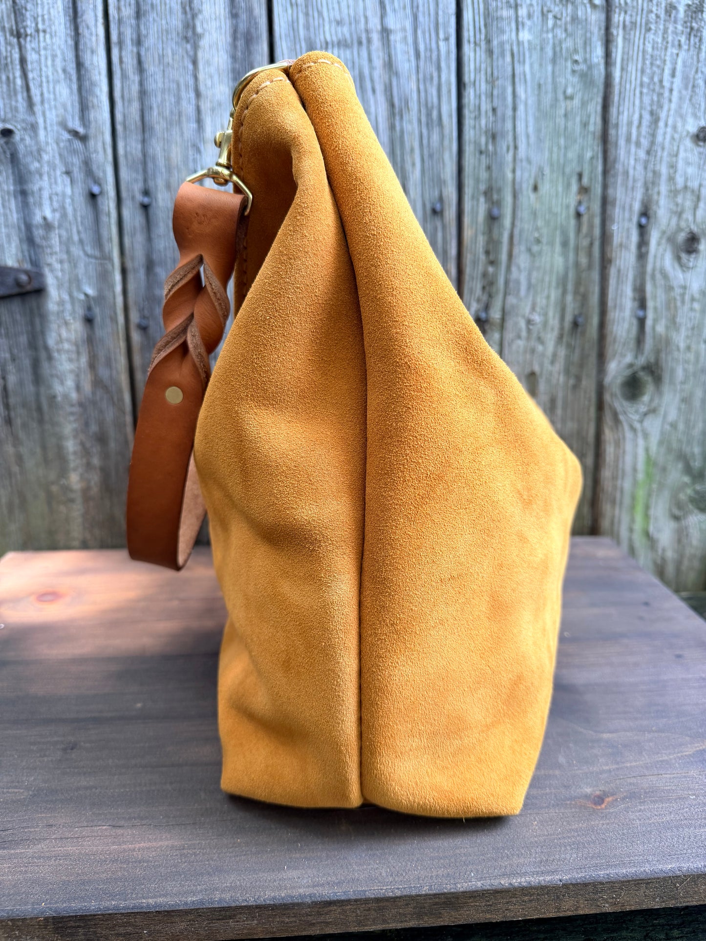Rodeo Large Bucket in Cider Suede with Horween Nutmeg Braided Strap