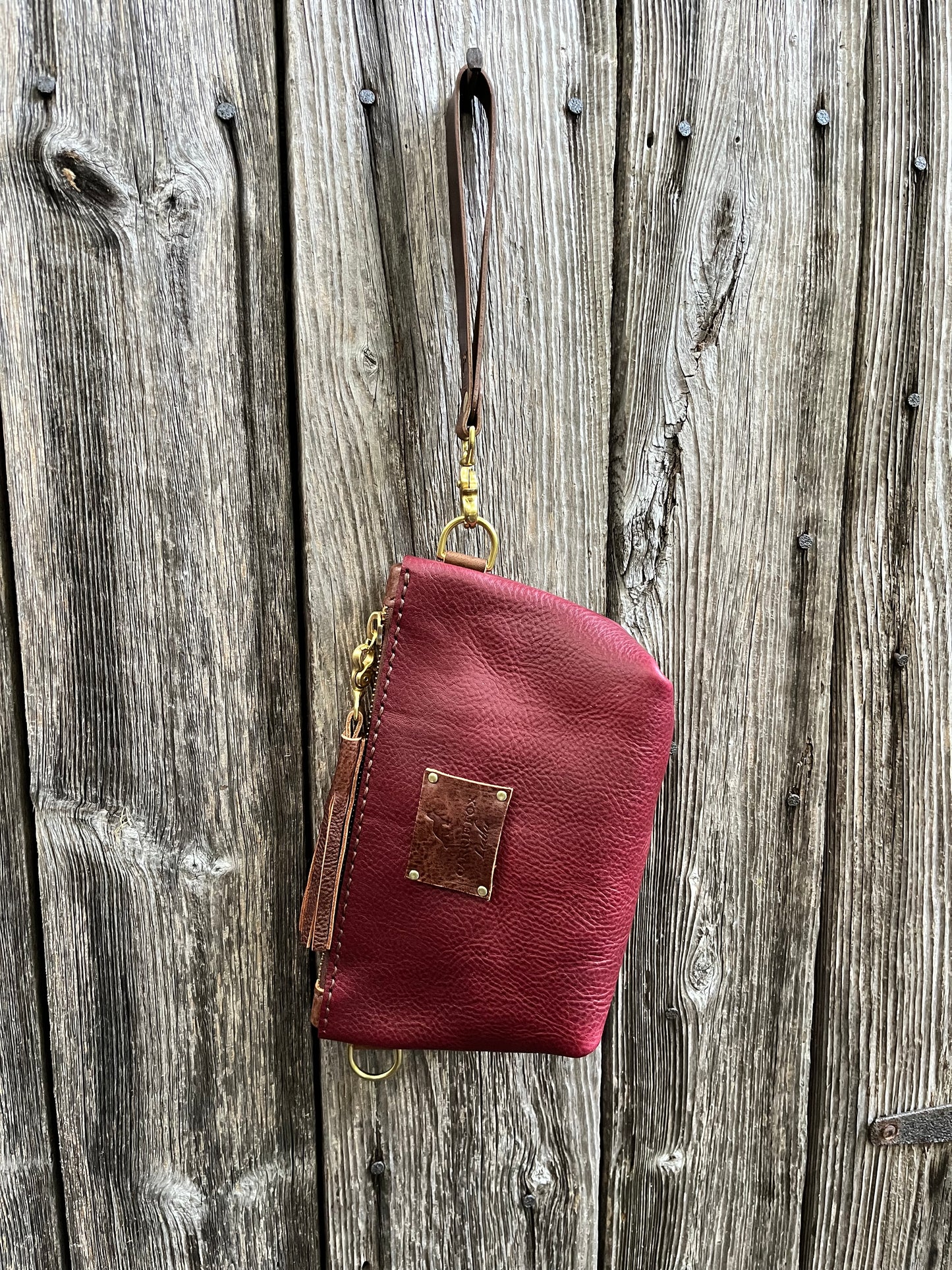 Pipsqueak Wristlet/Crossbody in Bordeaux Italian Veg Tan with Dark Brown Leather Accents