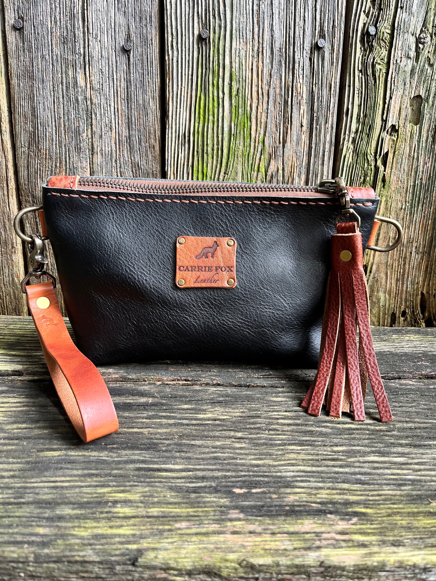 Little Pip Wristlet in Black Veg Tan with Brown Leather Accents