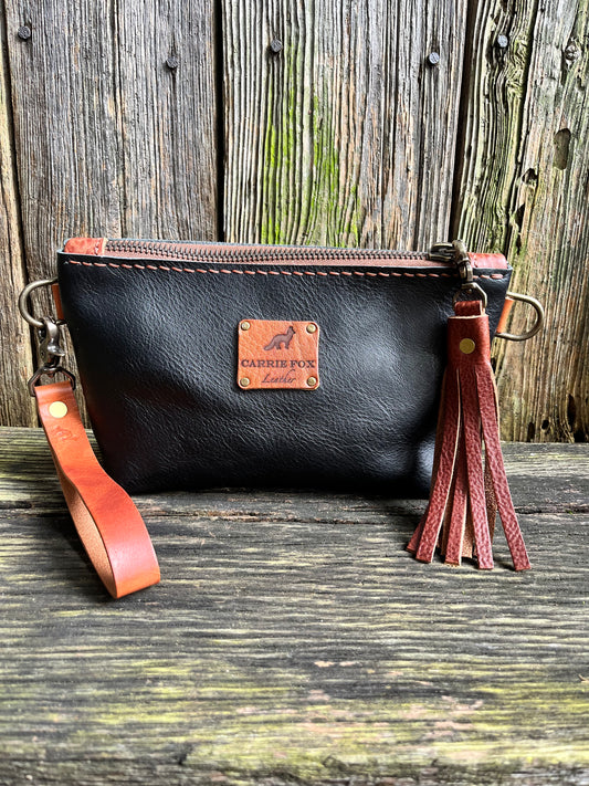 Little Pip Wristlet in Black Veg Tan with Brown Leather Accents