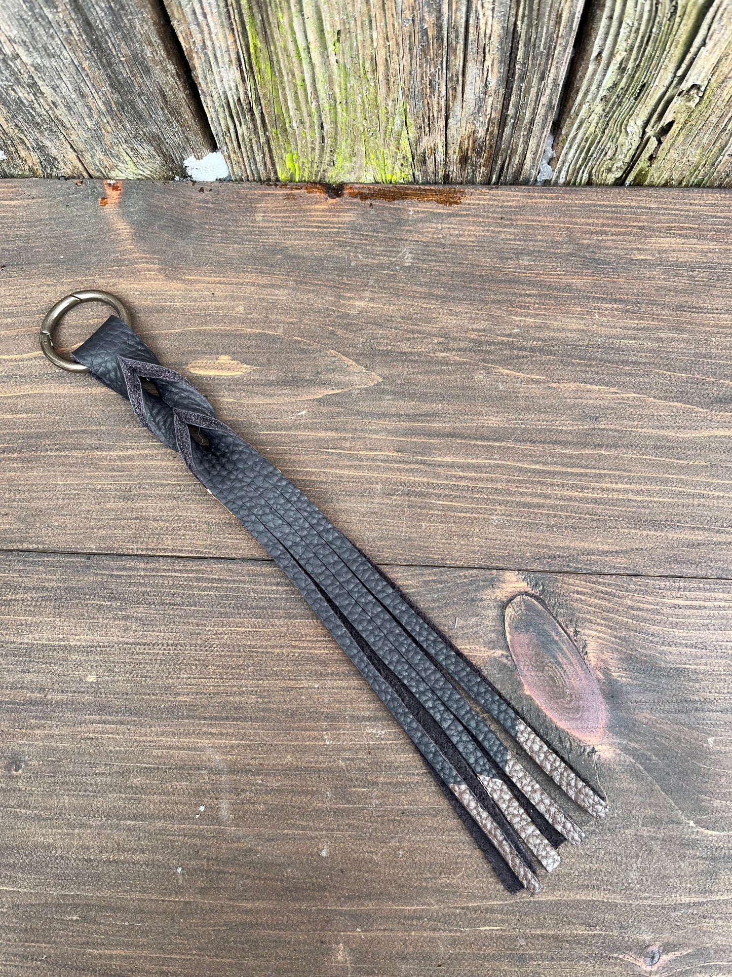 Twisted Fox Tag Leather Tassel with Black & Brown Ombré Fringe
