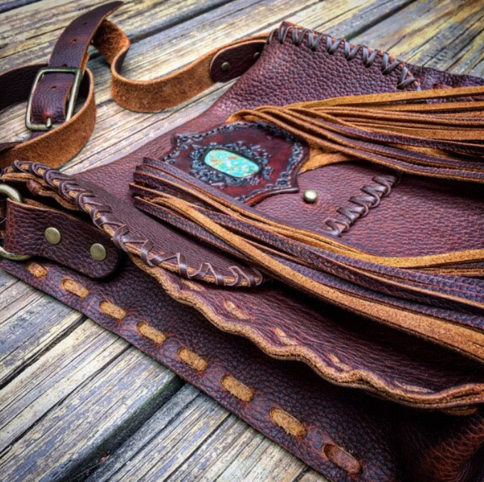 Evolet Saddle Bag in Oil Tanned Leather with Nevada Emerald Valley Turquoise