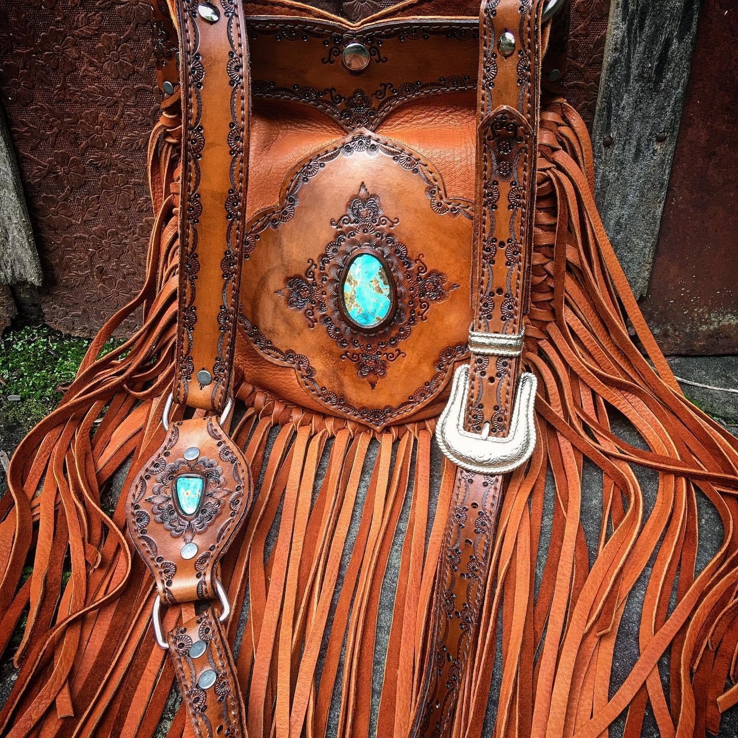 Deerskin Leather newest Fringe Crossbody Bag with Turquoise