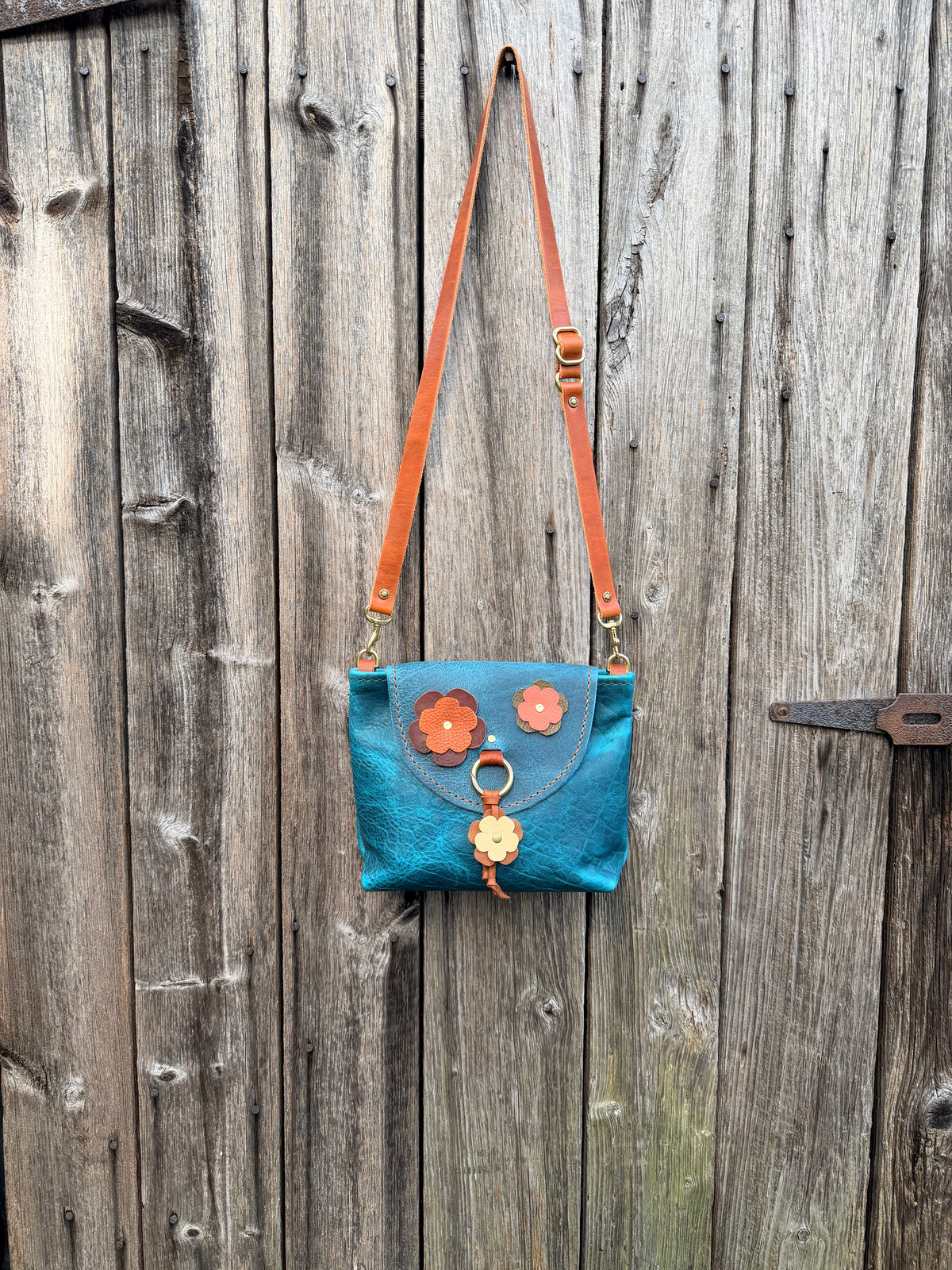 Bubby Bag in Premium Blue Bison with Whimsical Leather Flowers