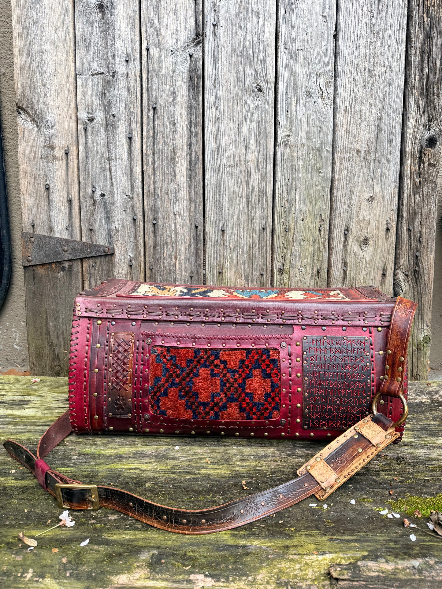 Carpet Bag Tote with Antique Rug & Veg Tanned Leather // Handmade in Wales, UK