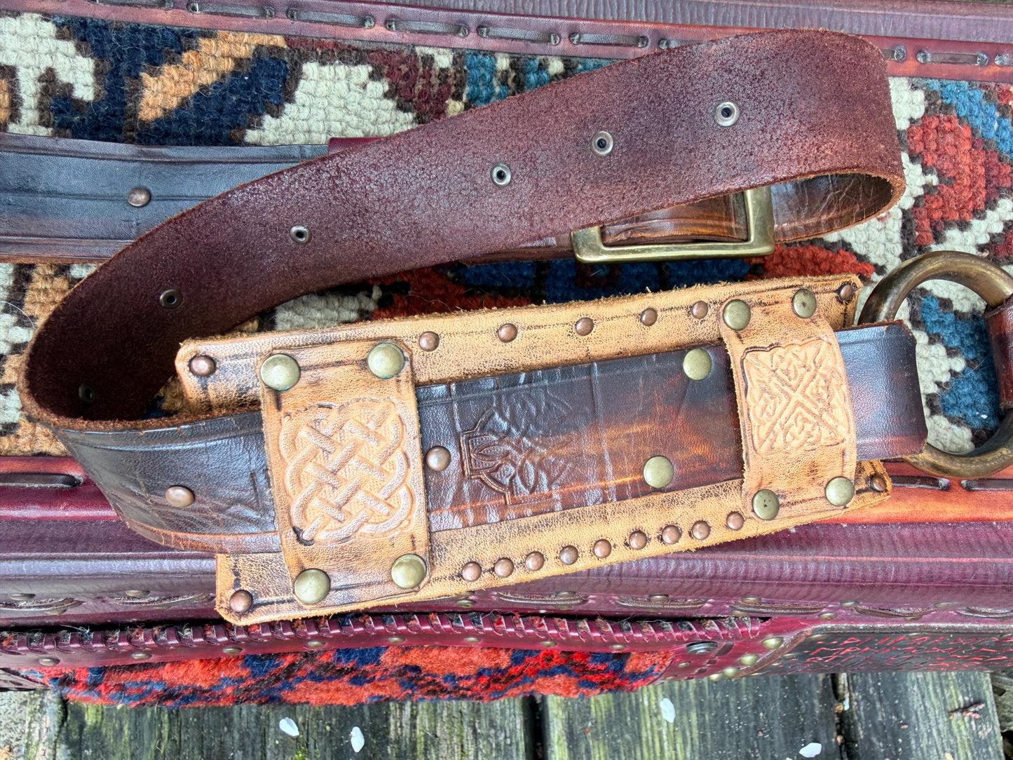 Carpet Bag Tote with Antique Rug & Veg Tanned Leather // Handmade in Wales, UK