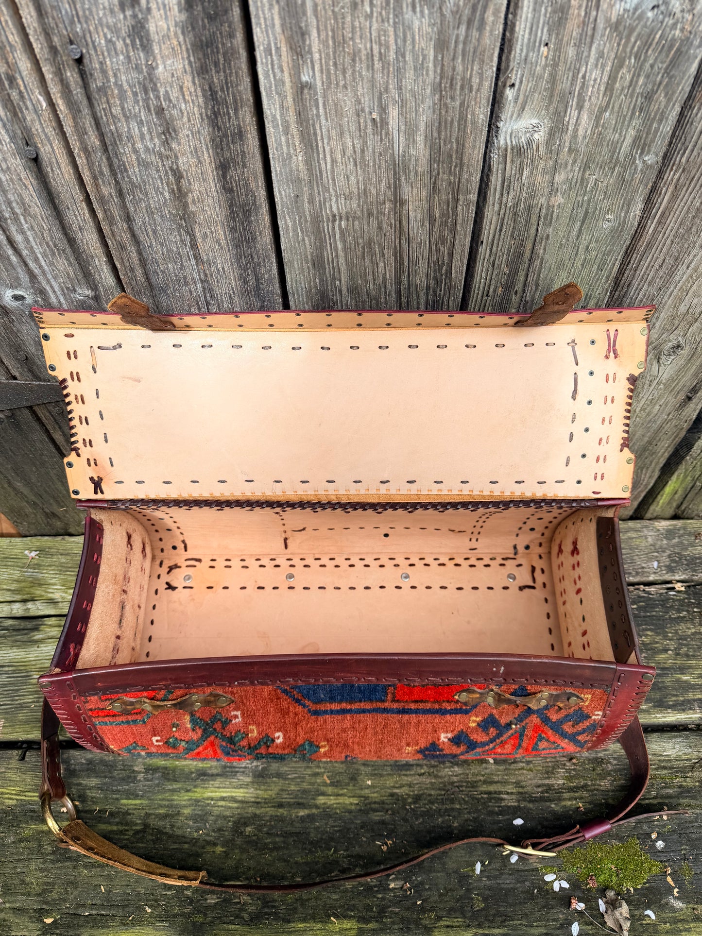 Carpet Bag Tote with Antique Rug & Veg Tanned Leather // Handmade in Wales, UK