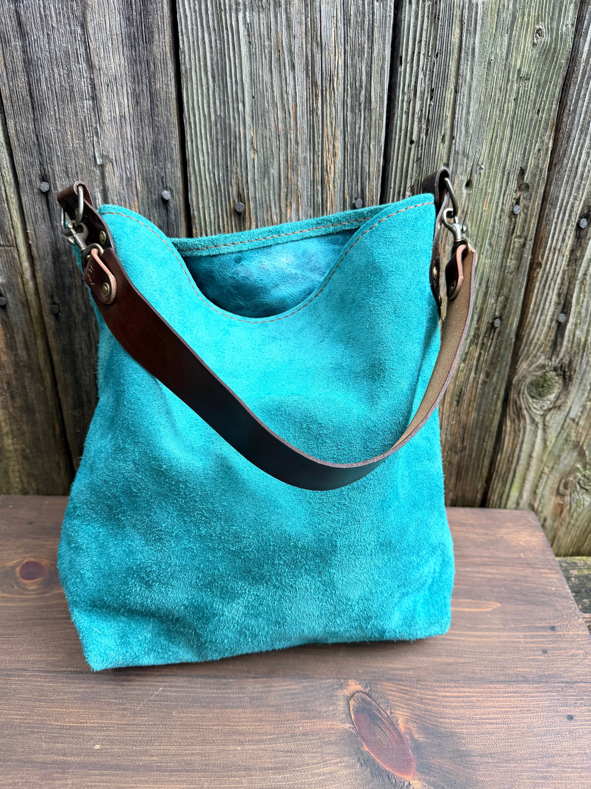Willy Bucket in Tiffany Blue Rough-Out with Short Guitar Strap