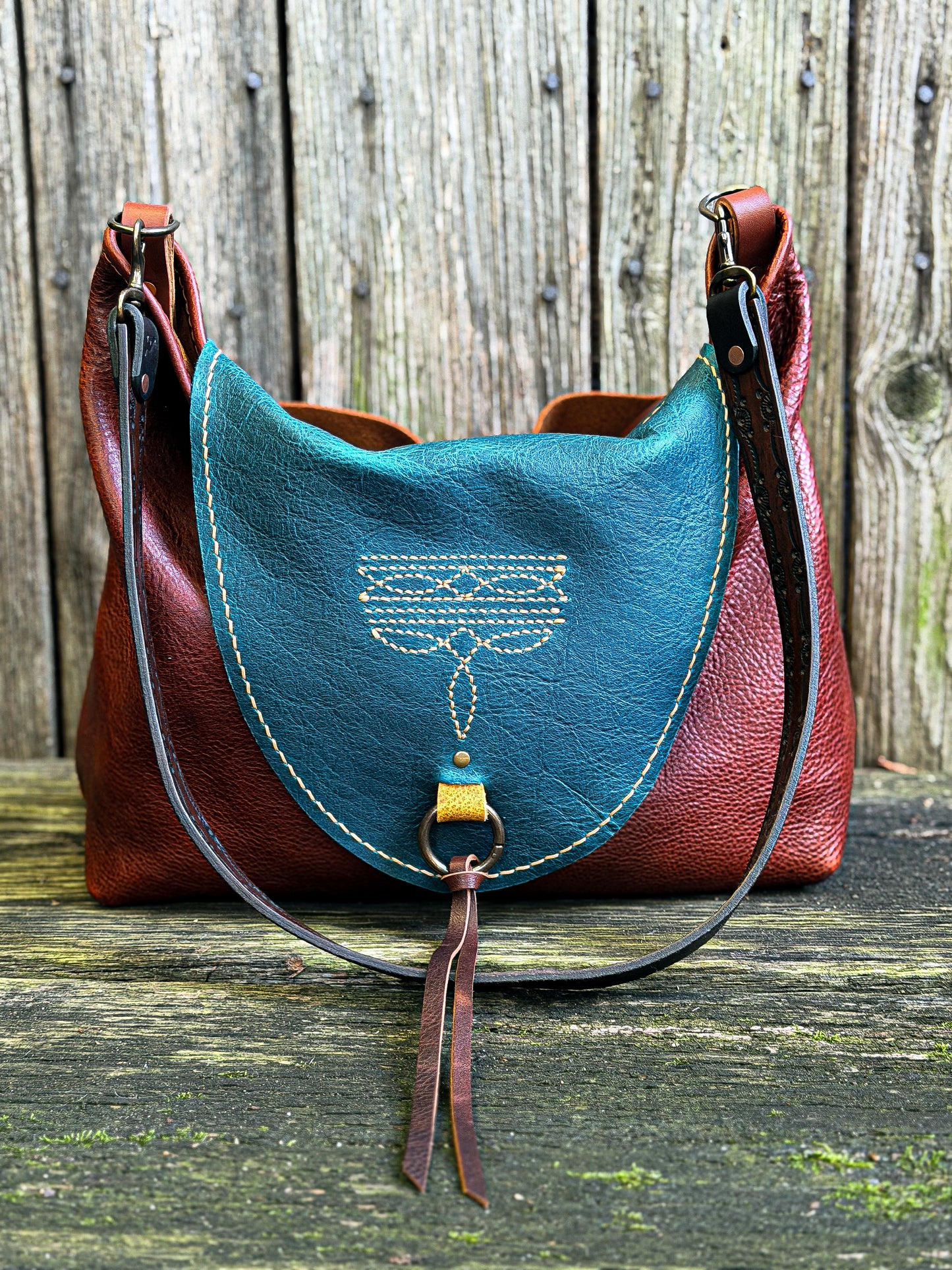 Remi Shoulder Bag with Tassel Flap in Mixed Leather with Horween Hand-tooled Strap