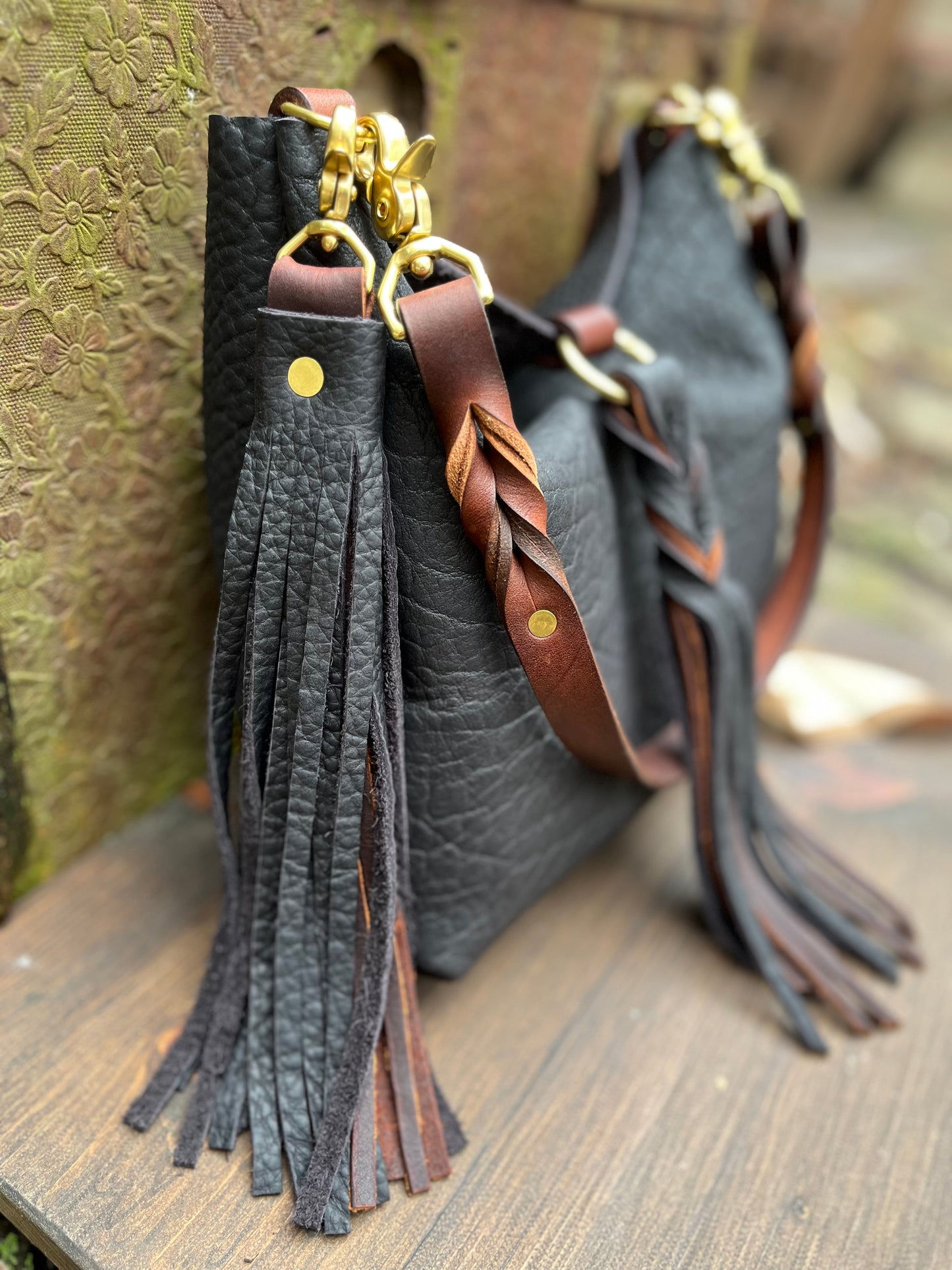 Barcelona Mini Bucket in Distressed Black Bison with Braided Tassel