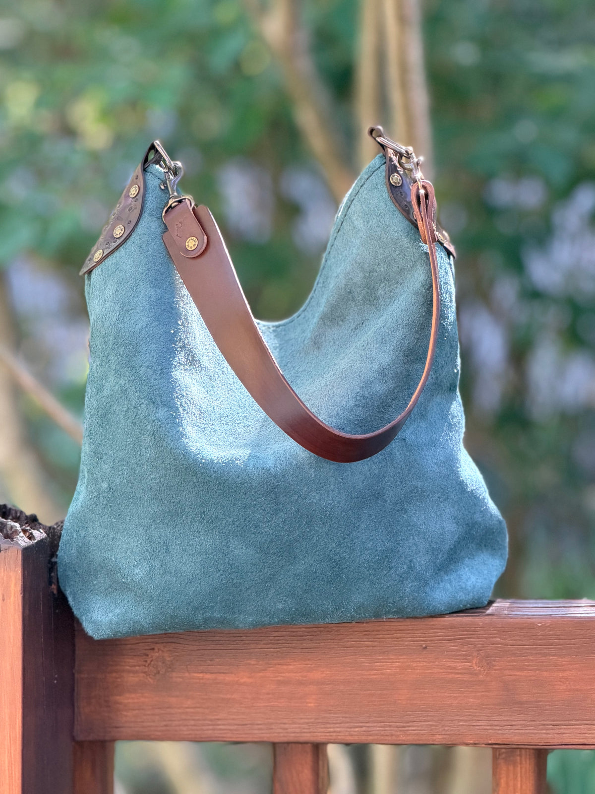 Willy Bucket in Blue Spruce Rough-Out with Short Guitar Strap