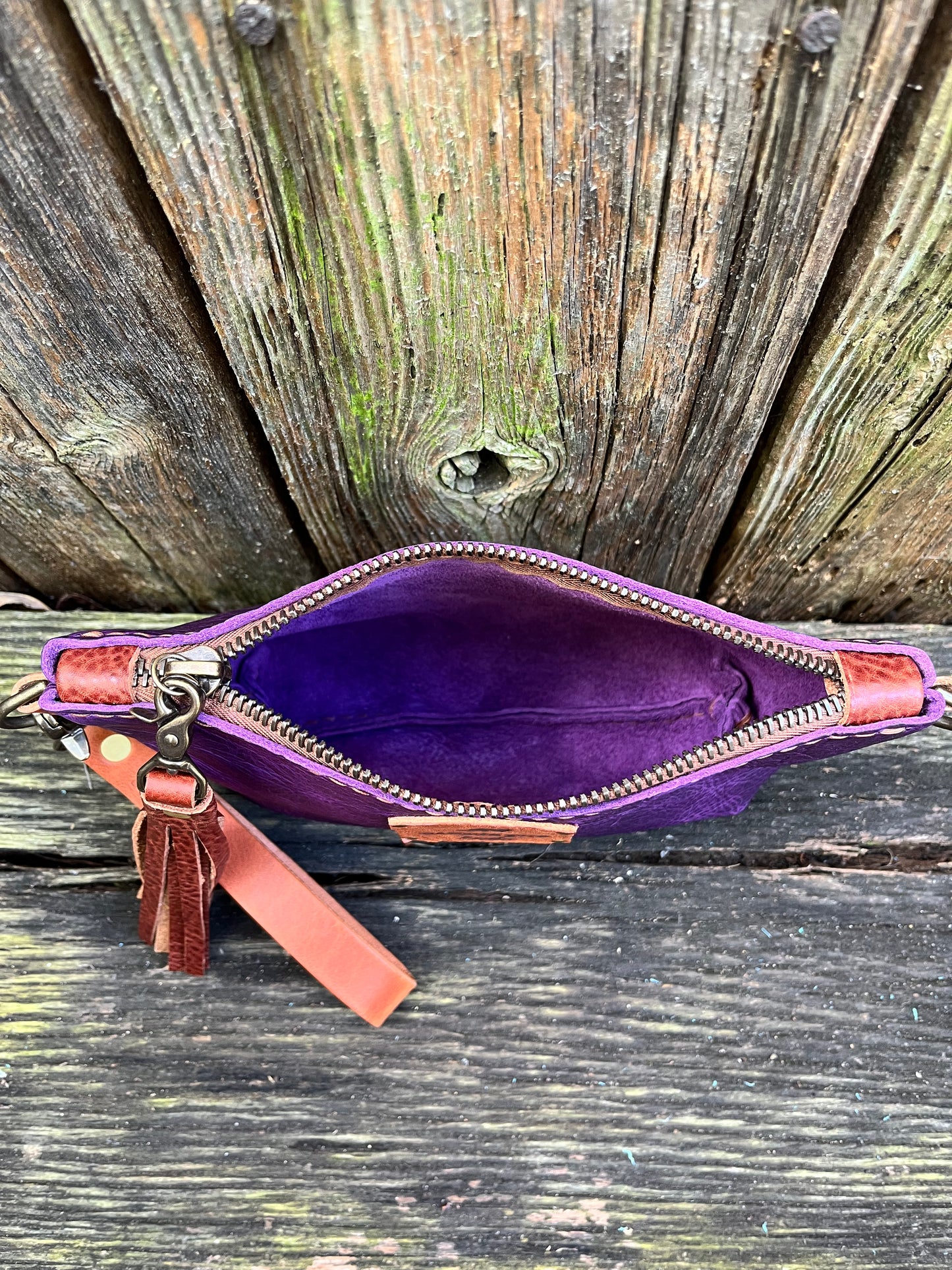 Pipsqueak Wristlet/Crossbody in Grape Escape Bison with English Tan Leather Accents