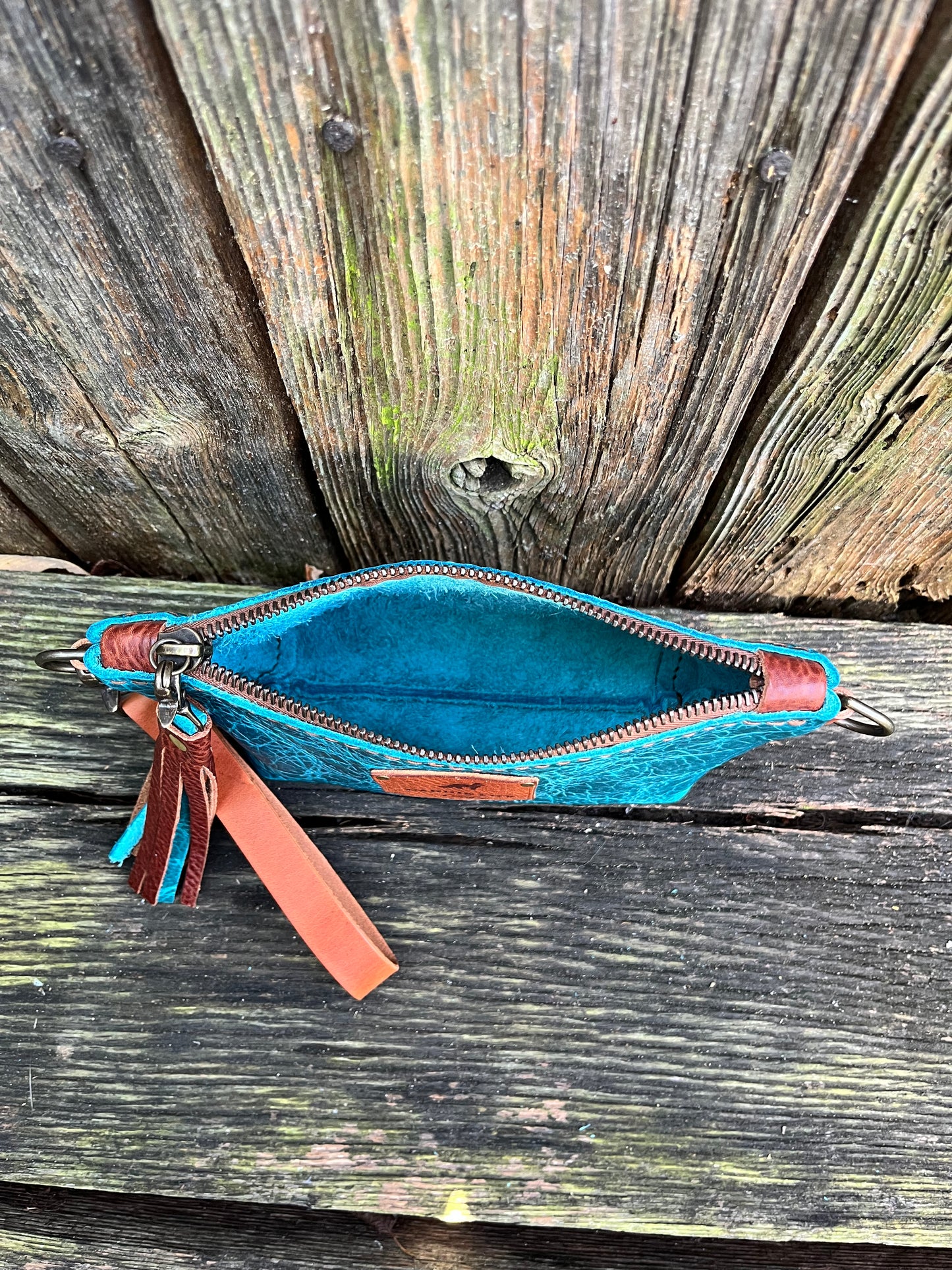 Pipsqueak Wristlet/Crossbody in Blue Bison with English Tan Leather Accents