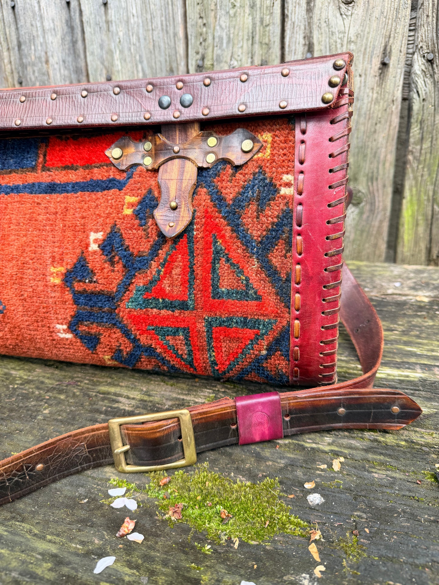 Carpet Bag Tote with Antique Rug & Veg Tanned Leather // Handmade in Wales, UK