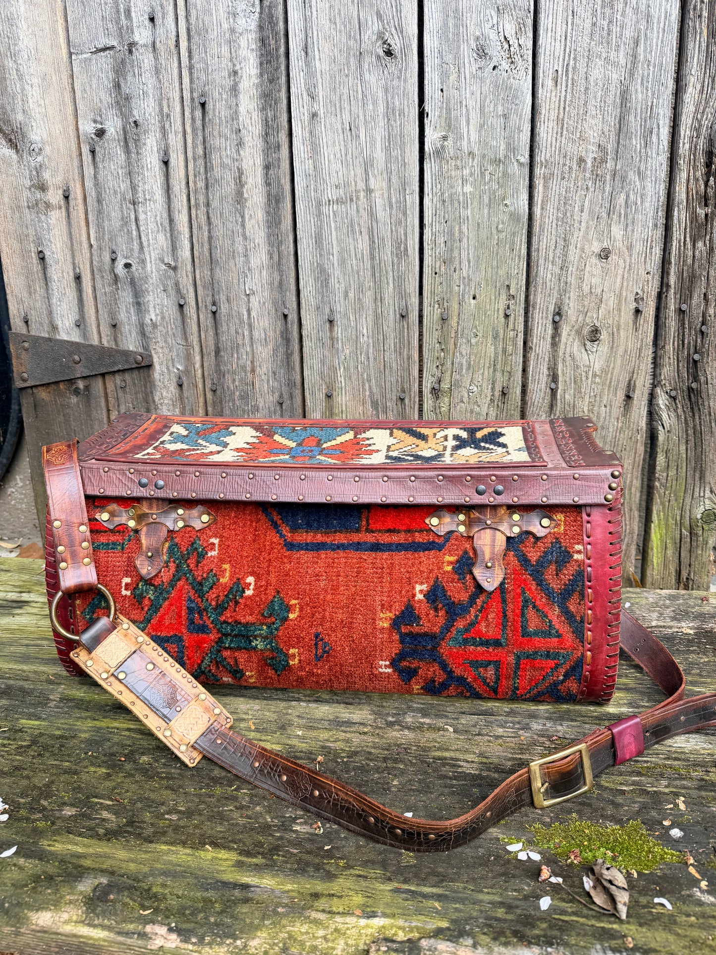 Carpet Bag Tote with Antique Rug & Veg Tanned Leather // Handmade in Wales, UK