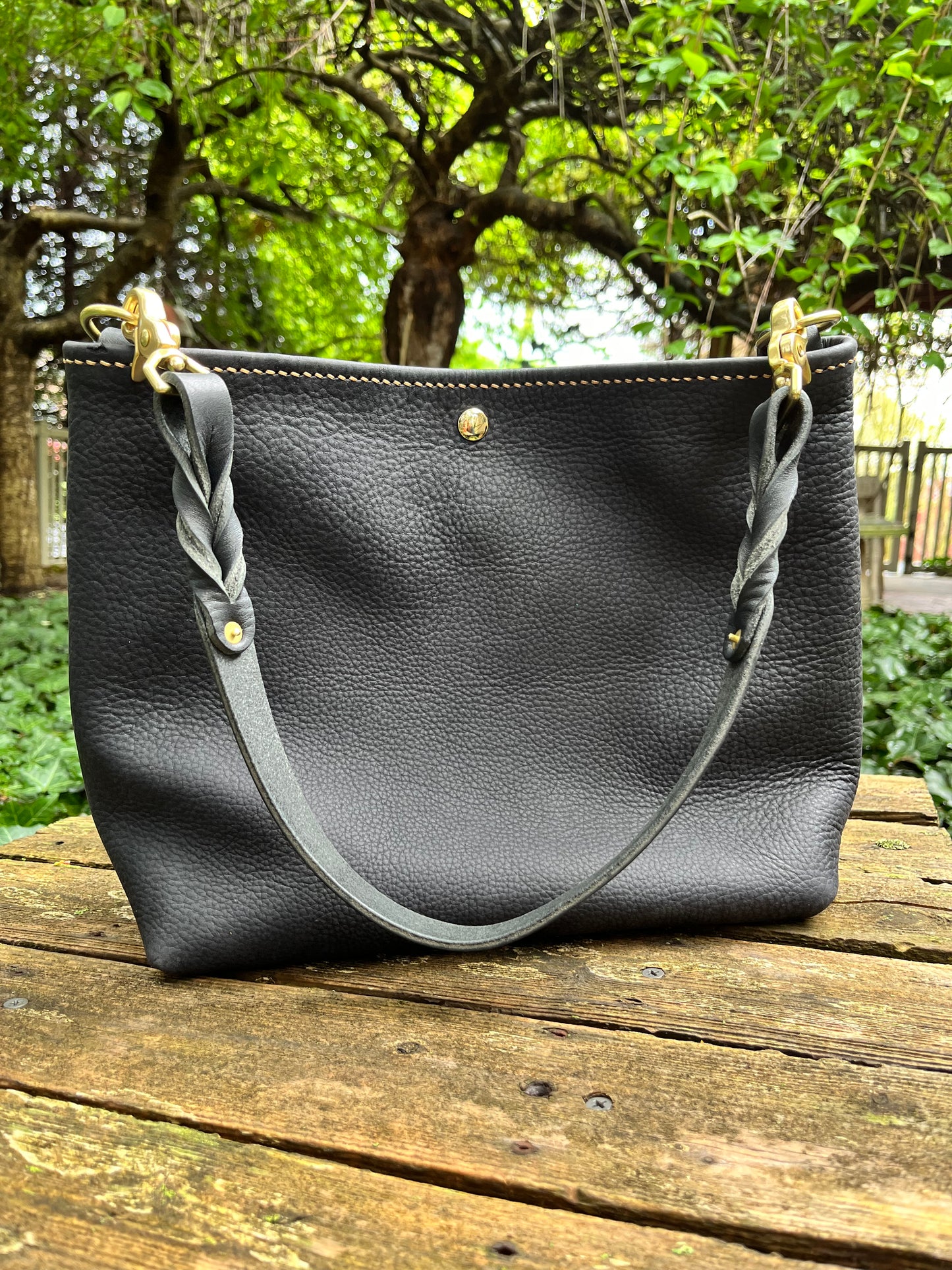 Emma Shoulder Bag in Classic Black Distressed Bison