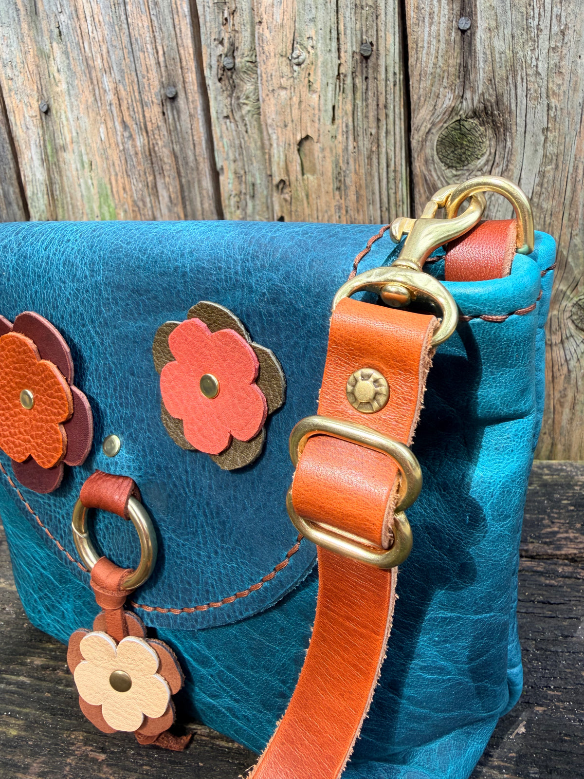 Bubby Bag in Premium Blue Bison with Whimsical Leather Flowers