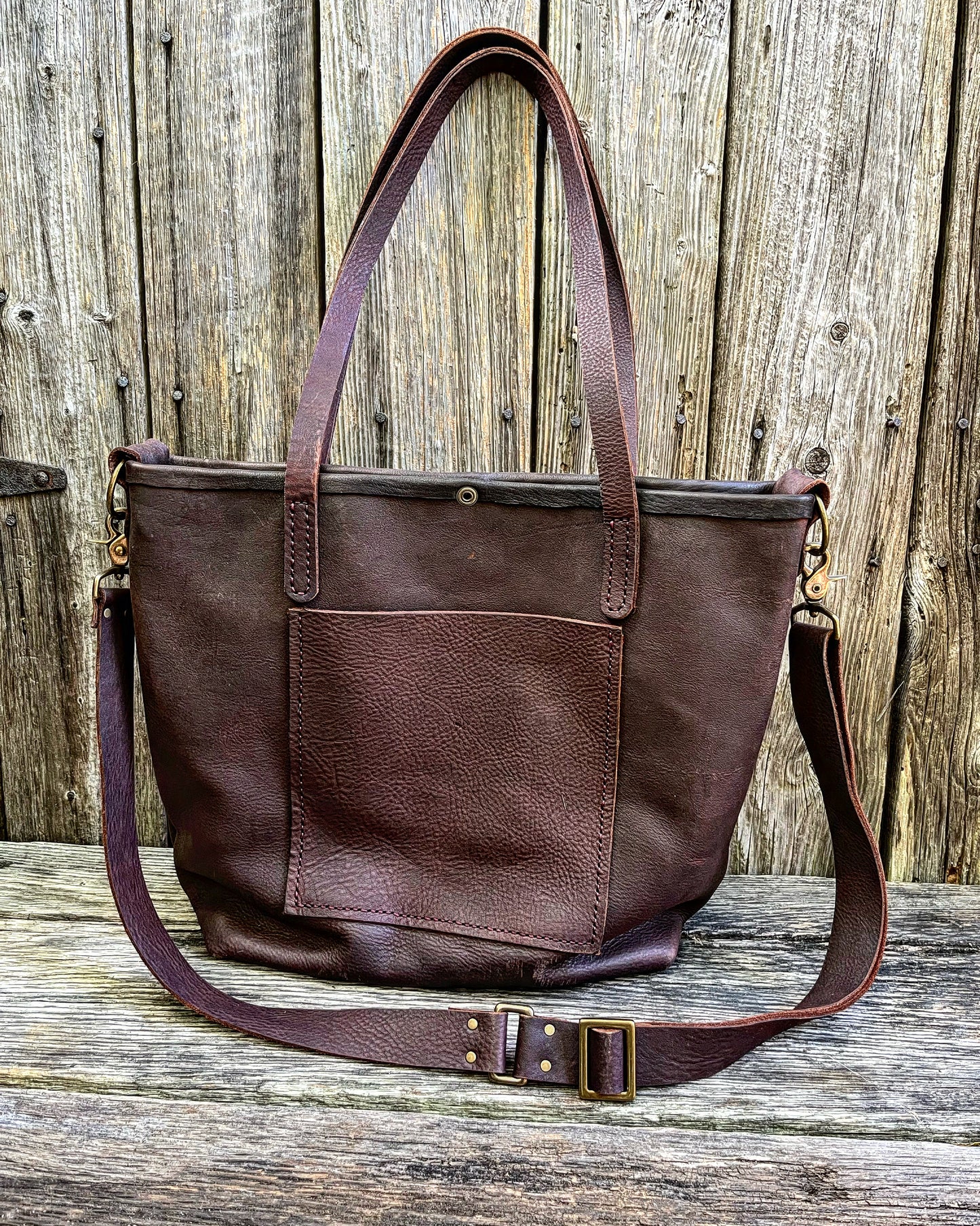 Premium Oil Tanned Leather Tote with Vintage English Needlepoint