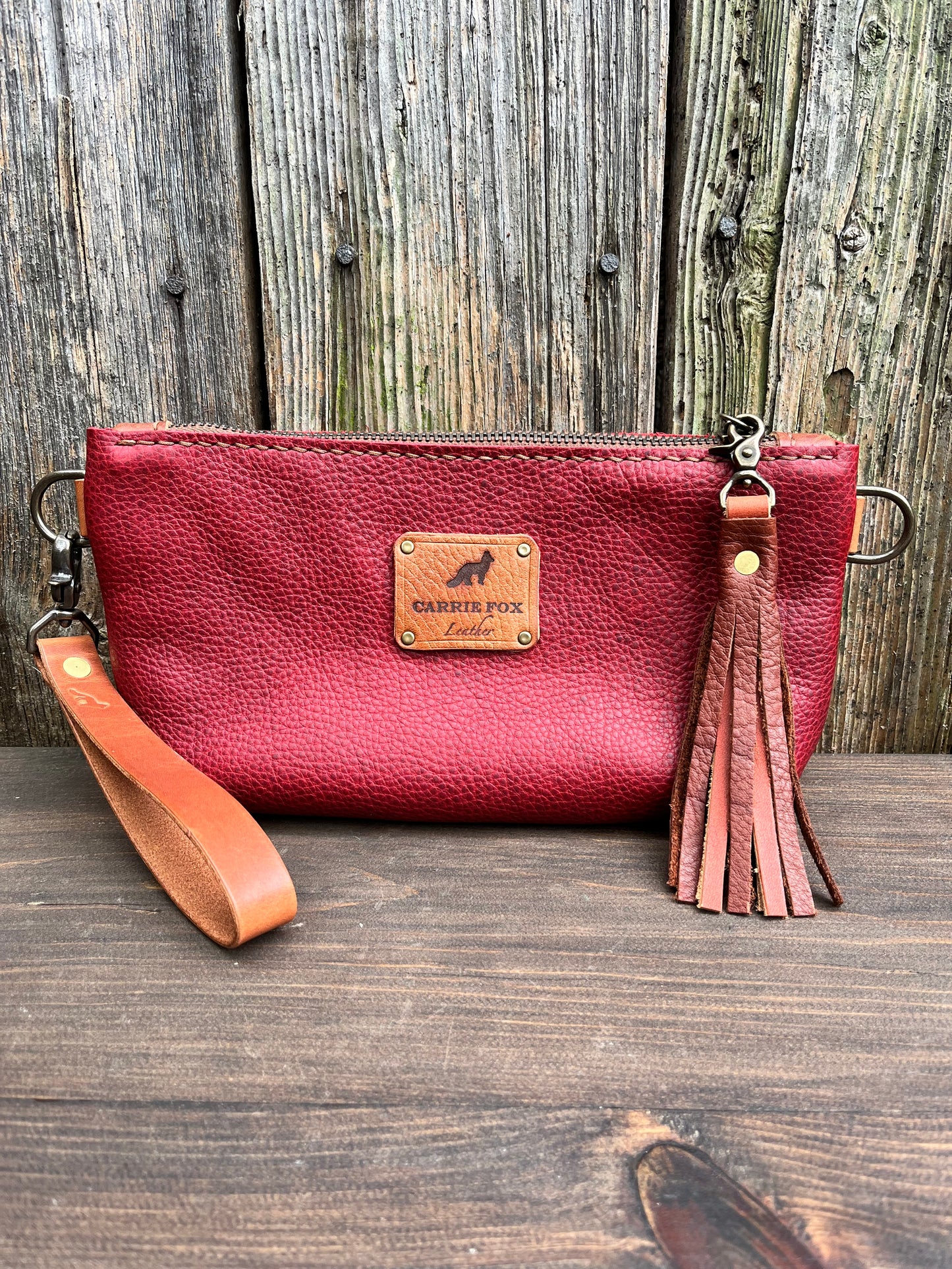 Pip Wristlet in Cherry Bison with English Tan Leather Accents