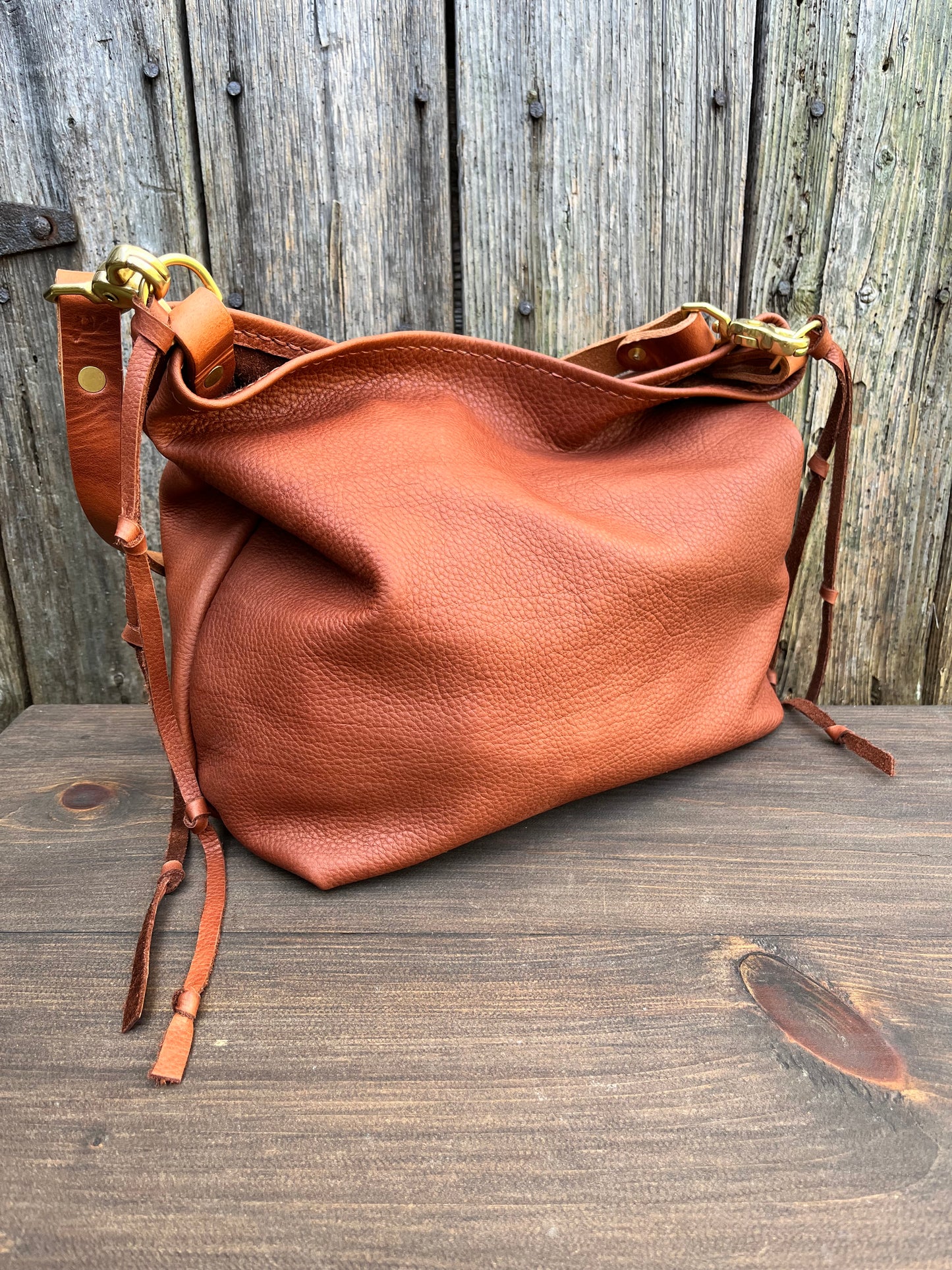 Mimi Slouch Bag in Brandy Naked Cow with Leather Tassel Accents
