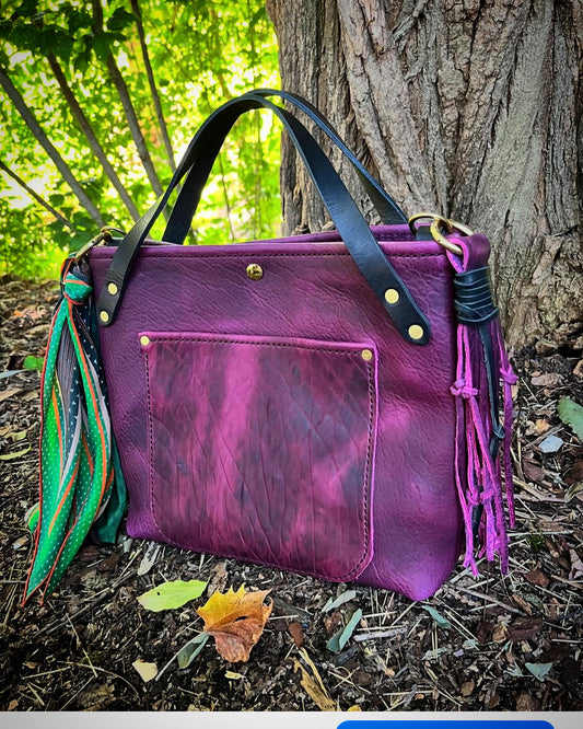 Crissy Grab Bag in Grape Bison with Front Pocket & Black Horween Handles