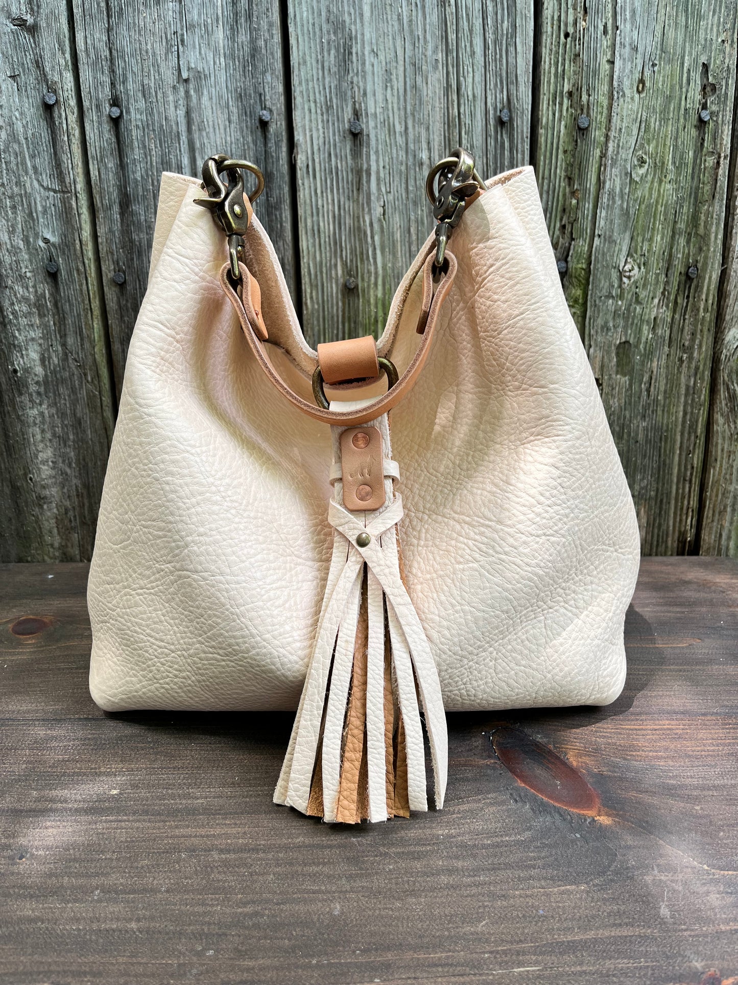 Barcelona Mini Bucket in Vanilla Milled Veg Tan with Horween Essex Handle & Fox Tag Tassel